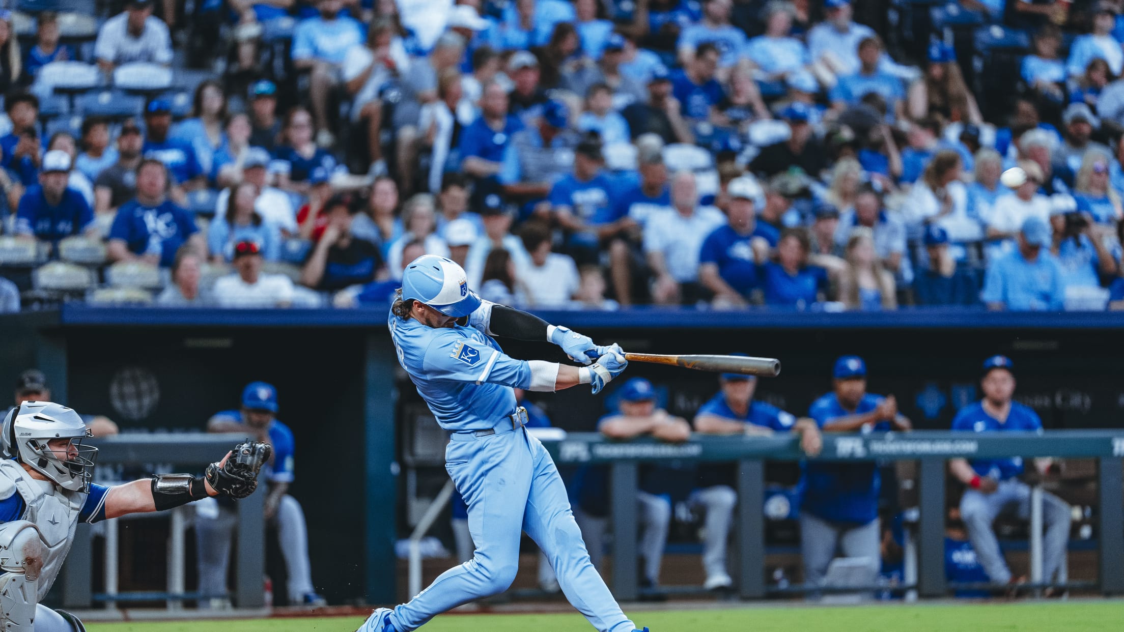 Bobby Witt Jr. swings at a pitch against the Toronto Blue Jays at Kauffman Stadium.