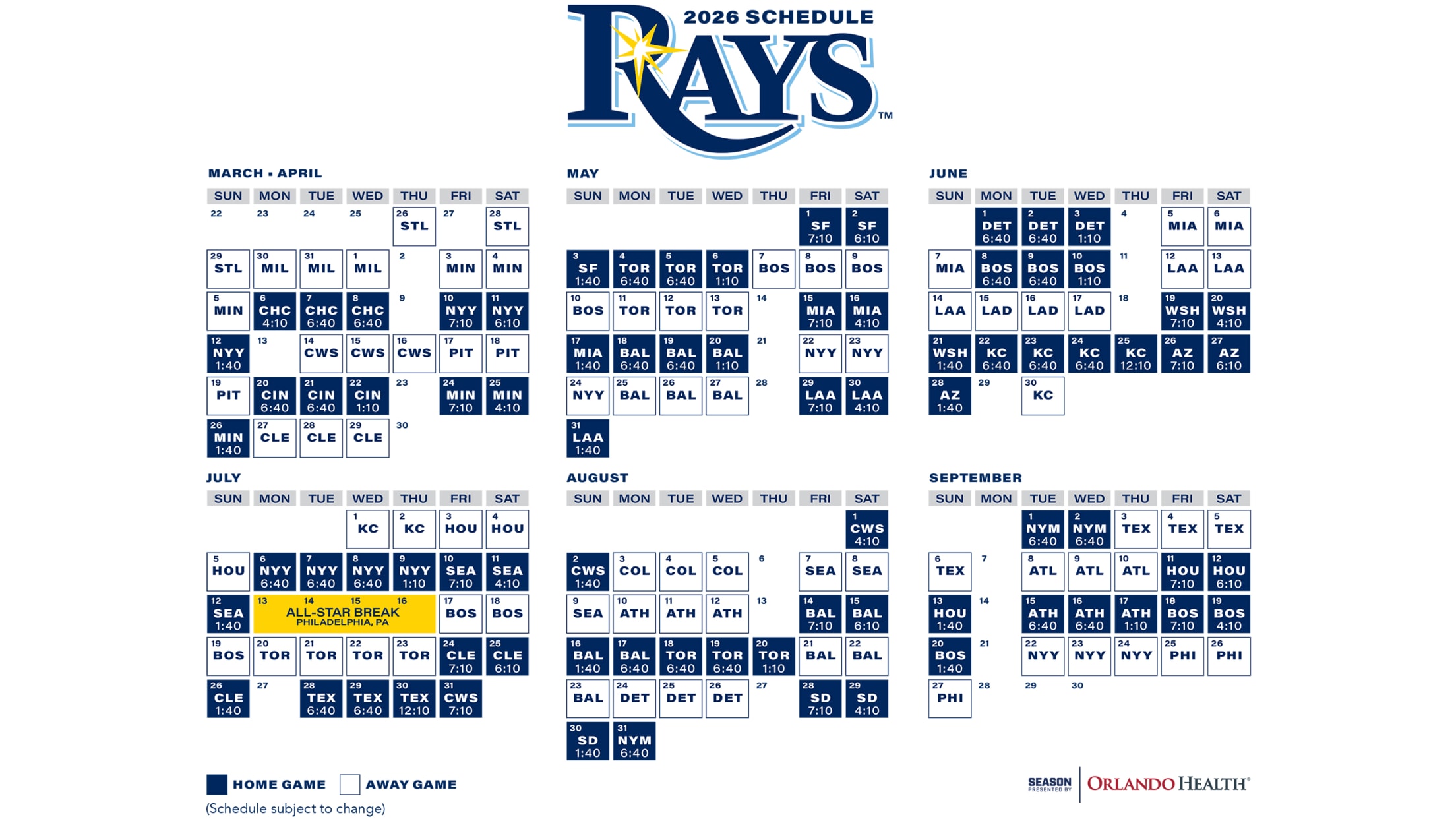Rays Printable schedule