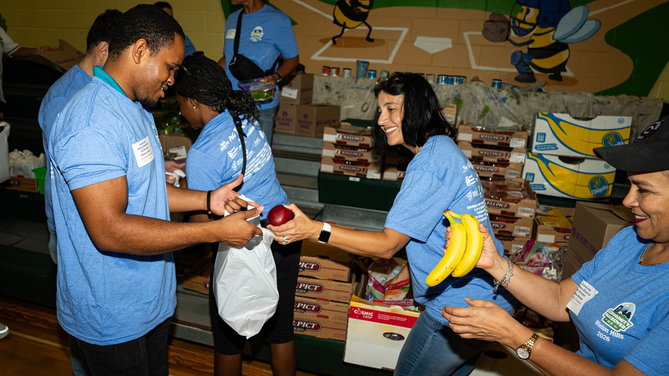 Handing out fresh produce at the food pantry.
