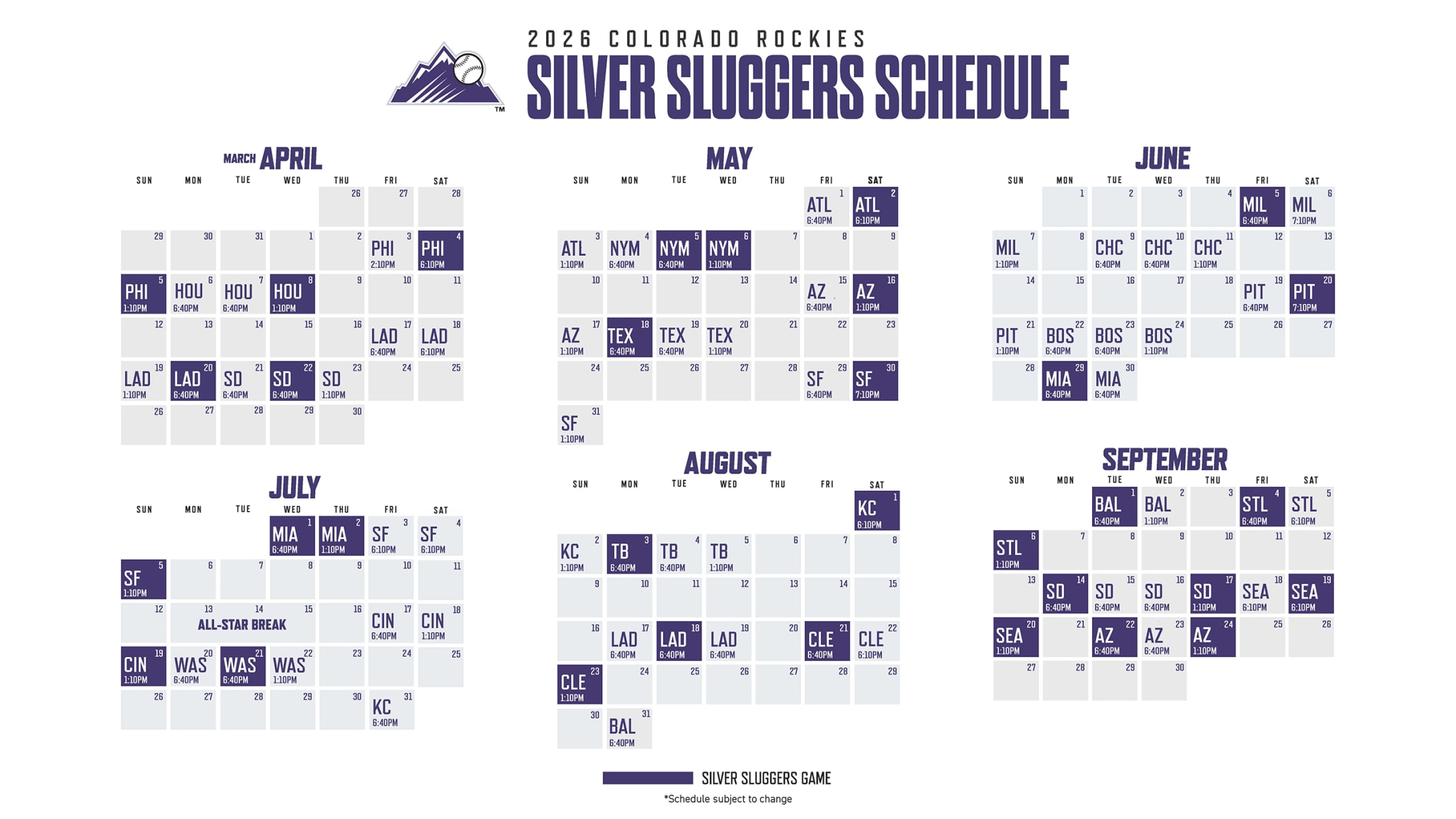 Calendar view of 2026 Silver Sluggers eligible games schedule