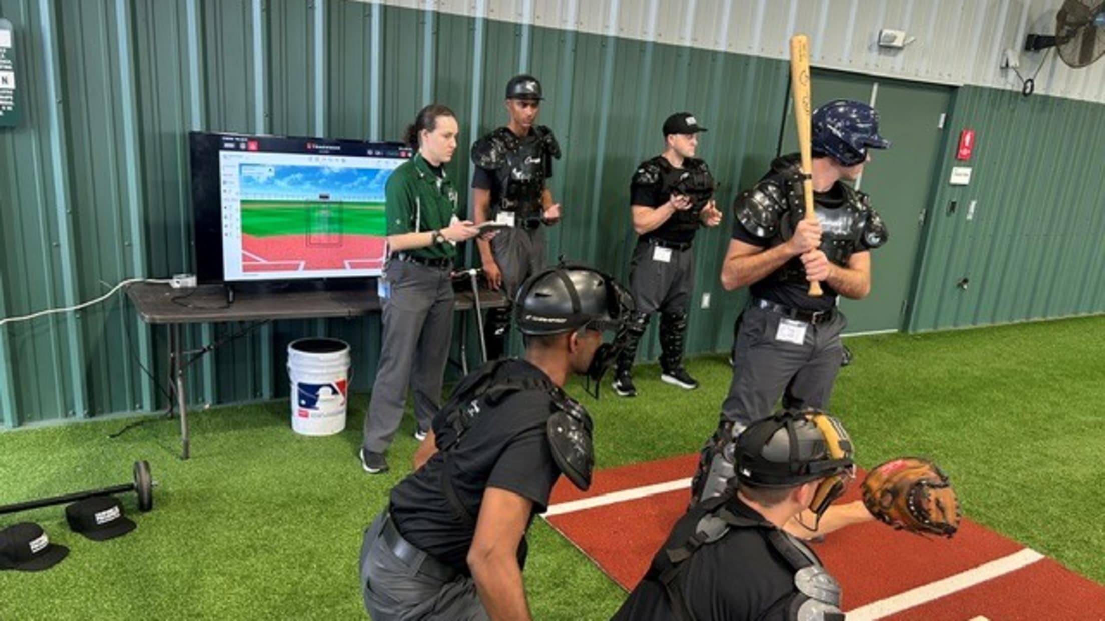 Umpires stand in for testing for simulated balls and strikes.