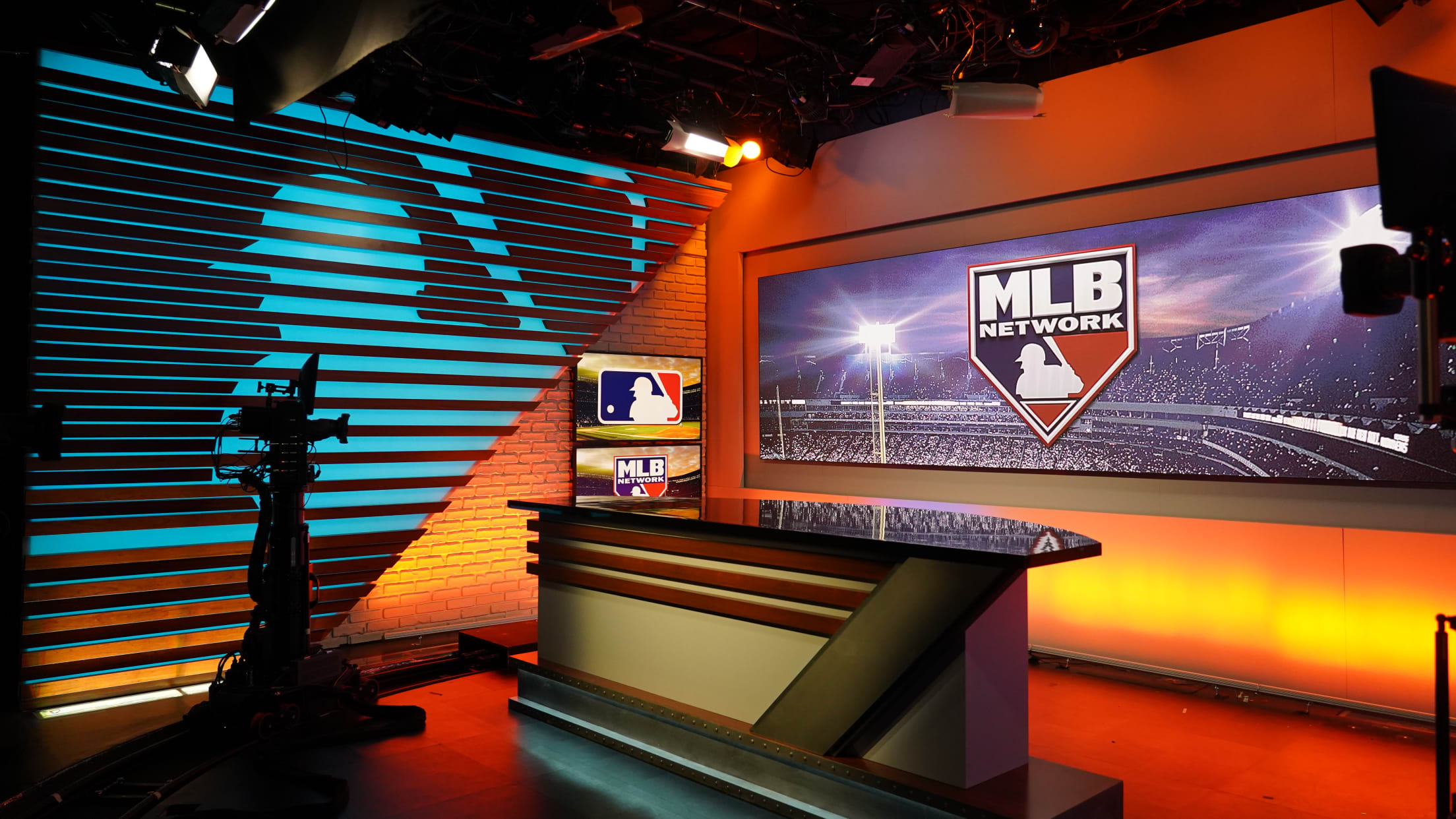 MLB Network Studio K desk, camera and background image.