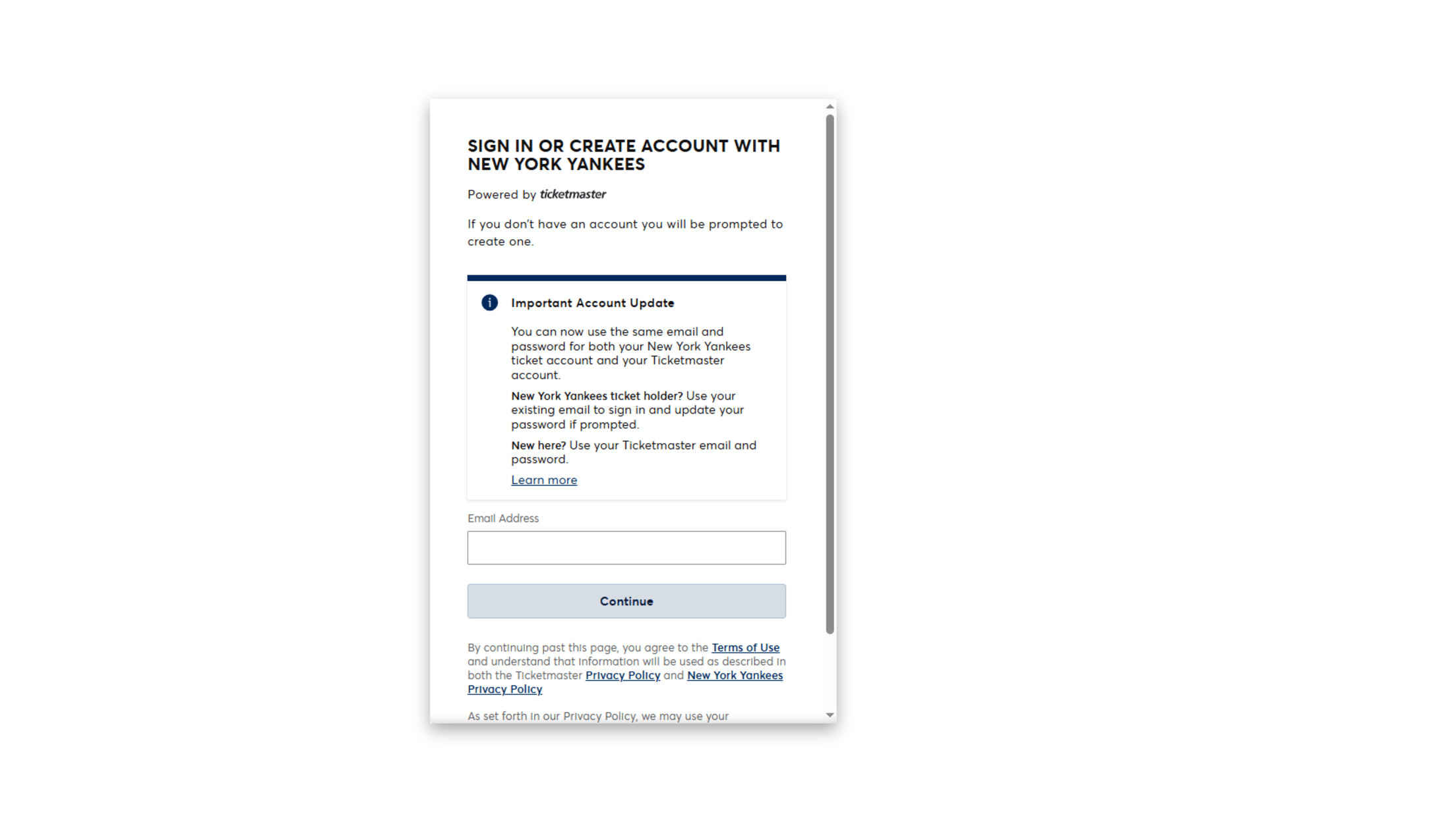 Log in to your My Yankees Account