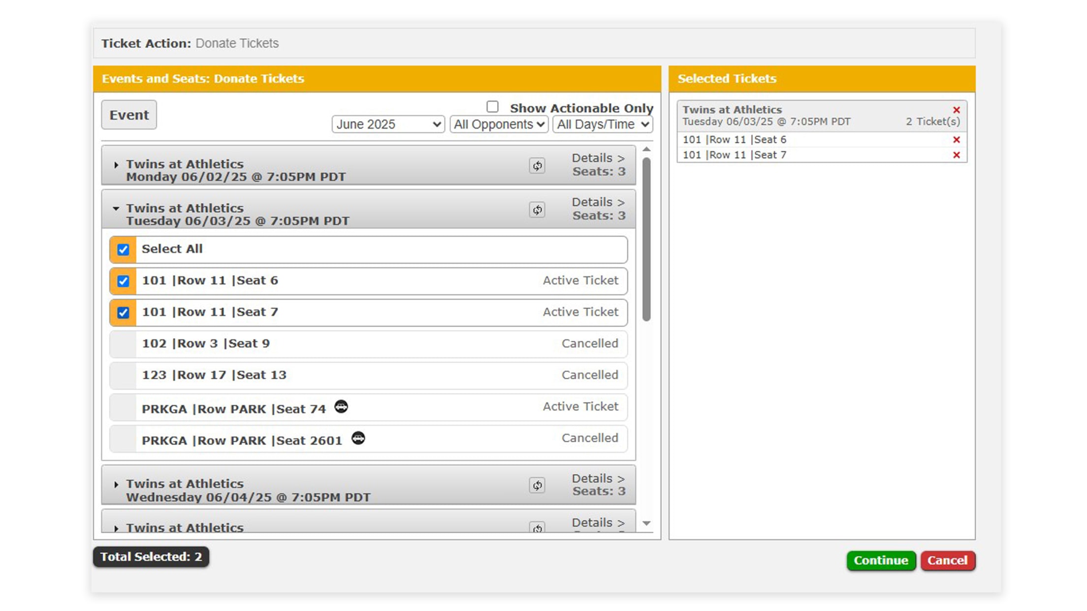 Select the game and tickets you wish to donate and click "Continue"