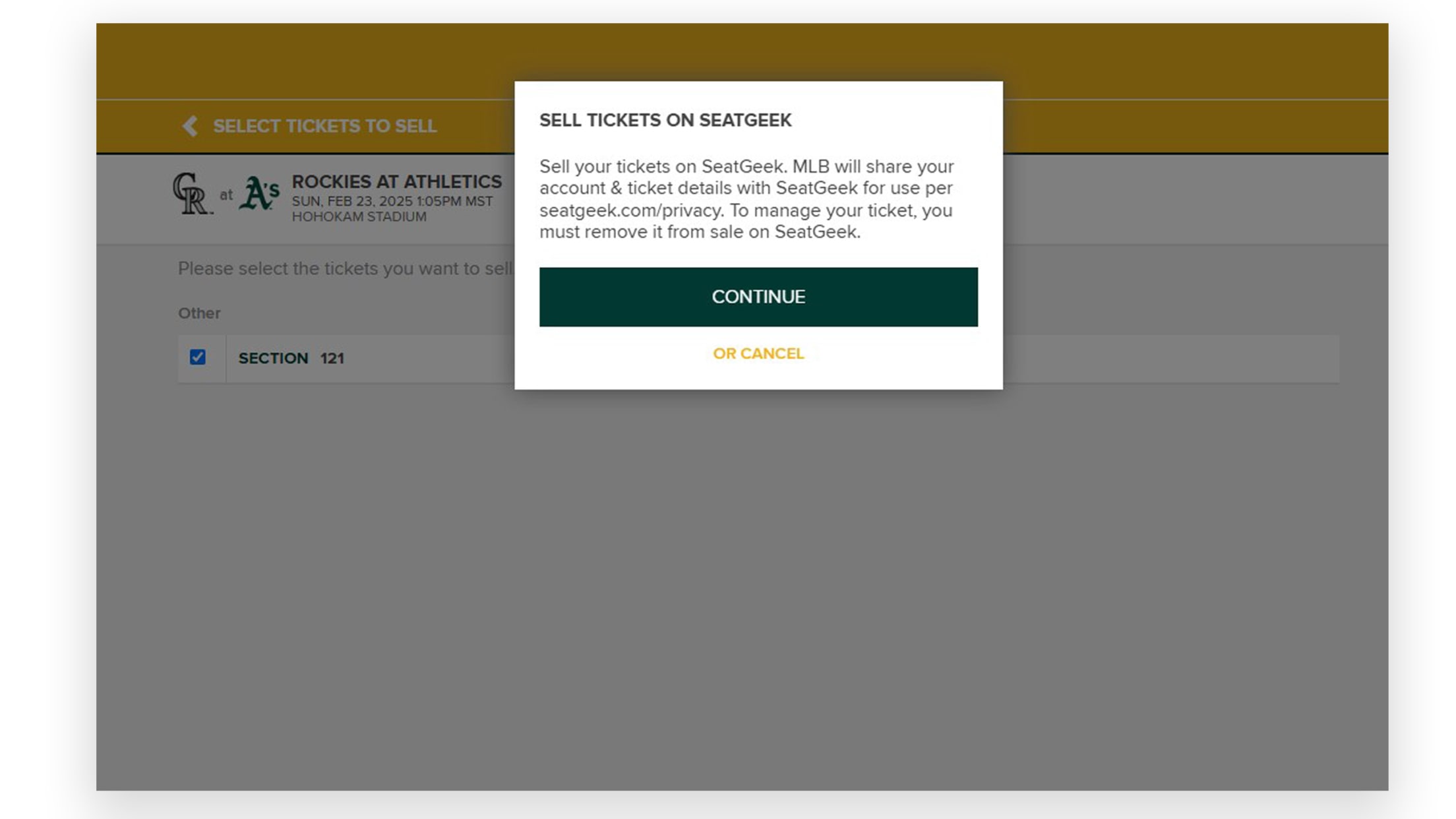 Click "CONTINUE" to go to SeatGeek to sell tickets