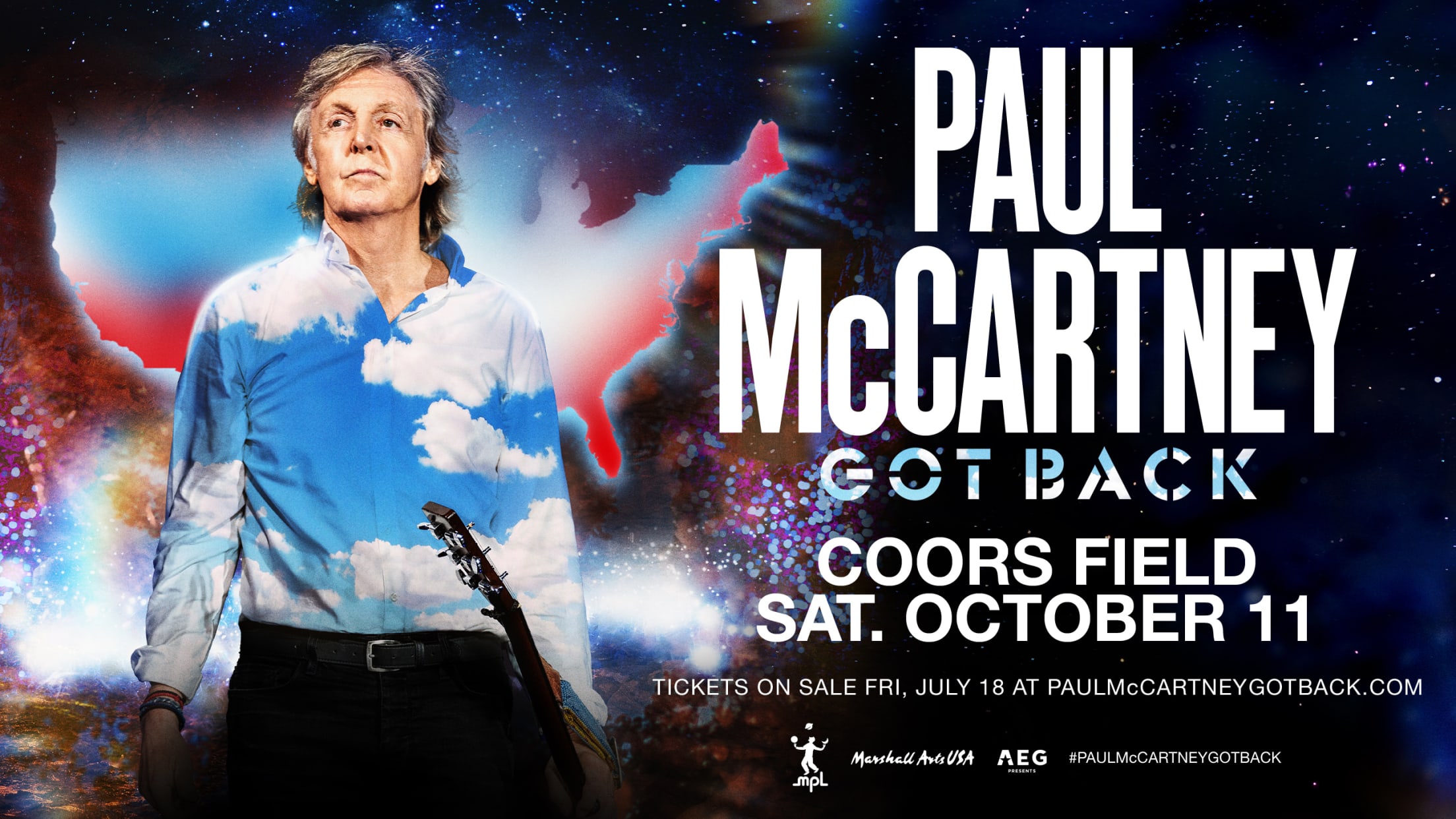 Paul McCartney 'Got Back' tour poster for Coors Field show on October 11, featuring McCartney with guitar against a cosmic U.S.-themed background.