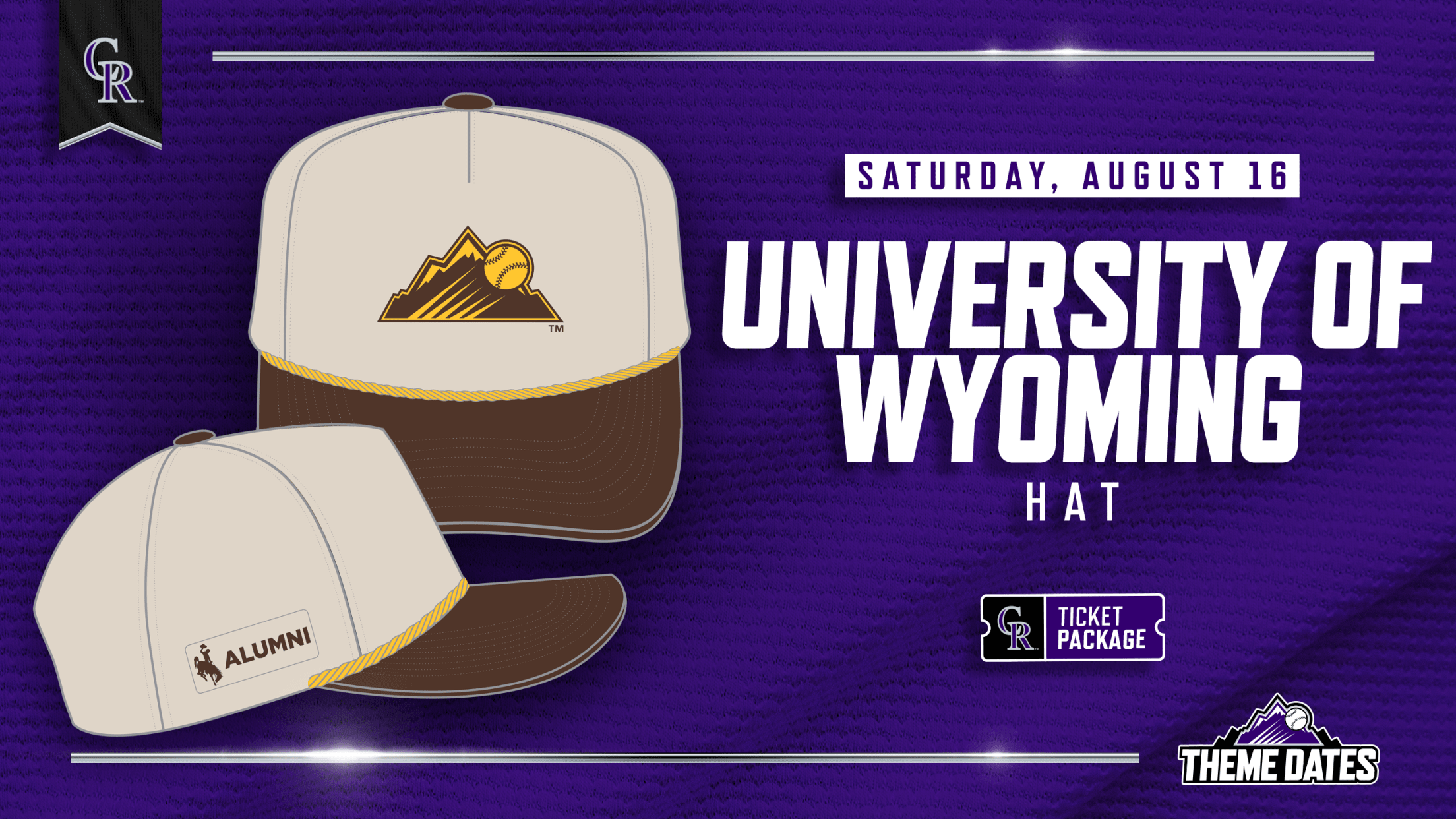 University of Wyoming Ticket Package on Saturday, August 16 with limited-edition light tan and brown Cowboys-themed Rockies hat