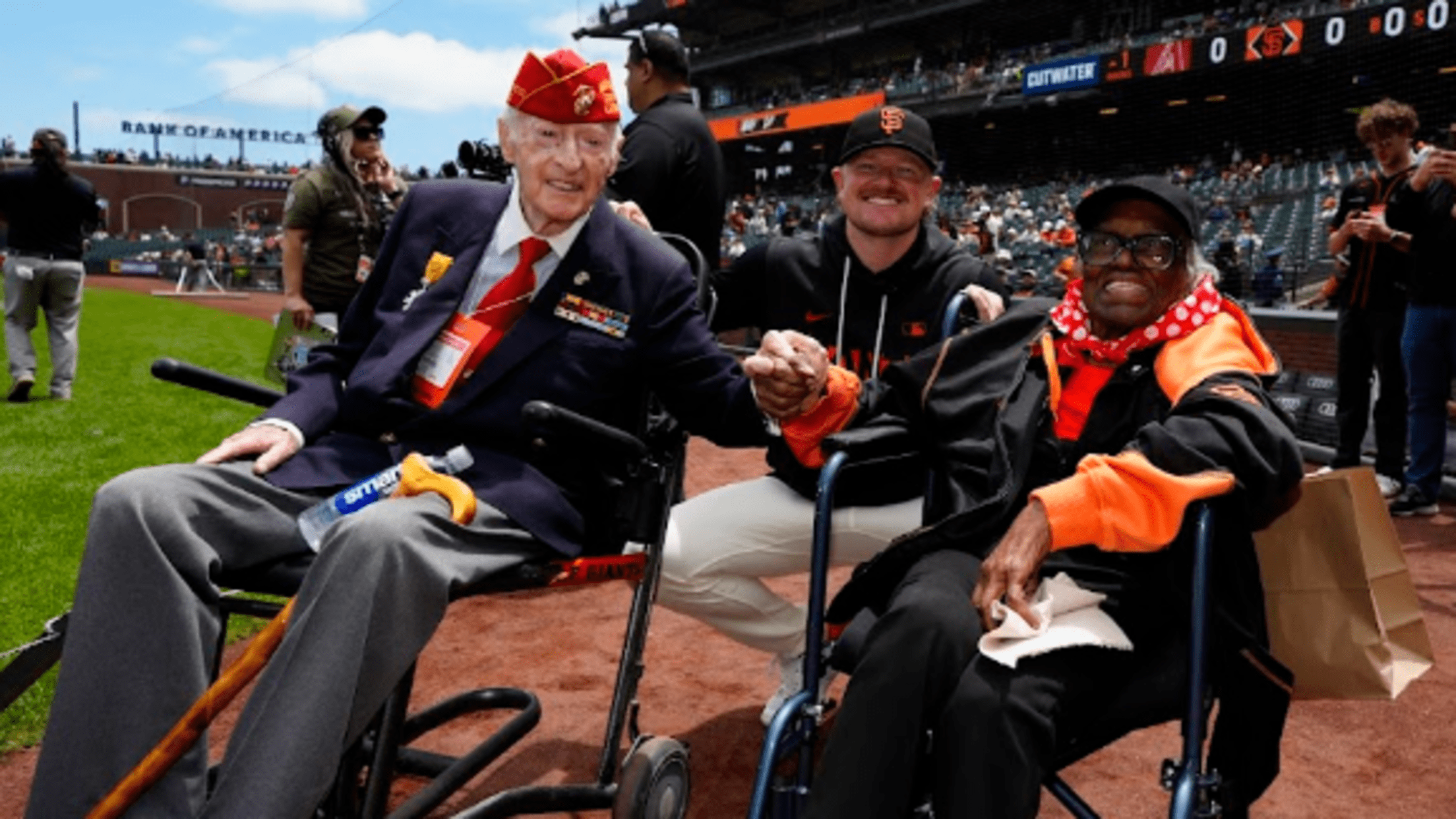 Logan Webb is all smiles with veterans on the field of Oracle Park.