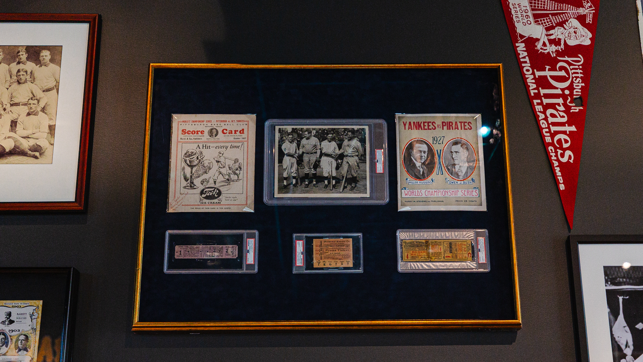 Frame with assorted 1925 Pirates World Series memorabilia