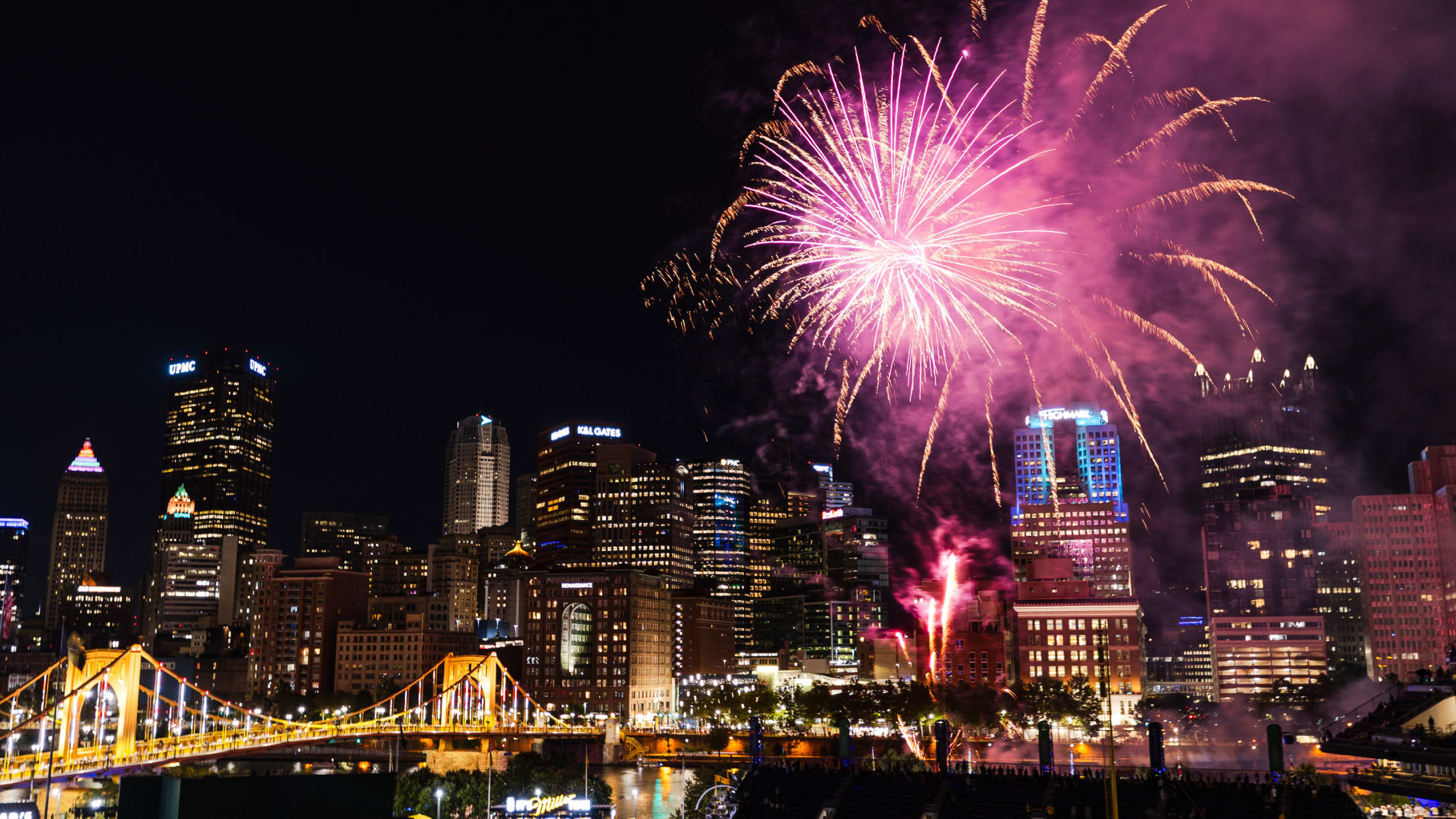 Fireworks above downtown Pittsburgh skyline