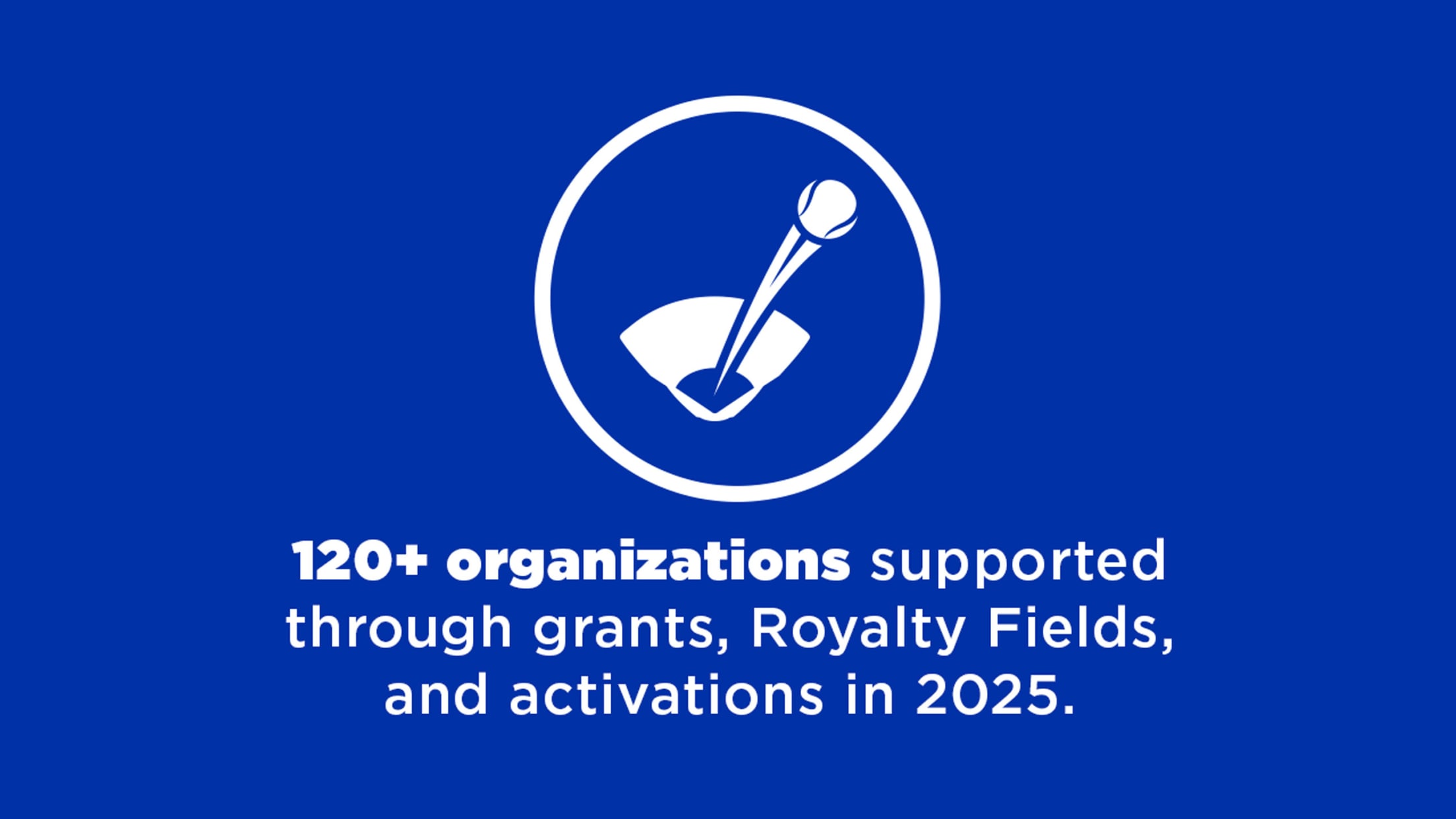 120+ organizations supported through grants, Royalty Fields, and activations in 2025.