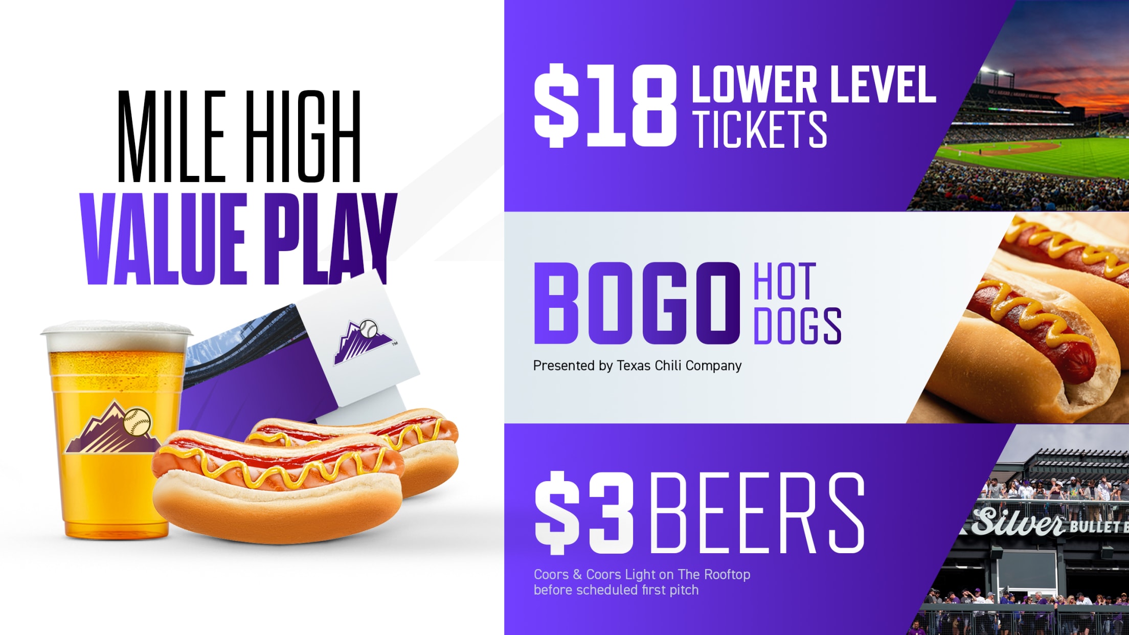 Mile High Value Play - $18 Lower Level Tickets, BOGO Hot Dogs, $3 Beers on The Rooftop before scheduled first pitch.