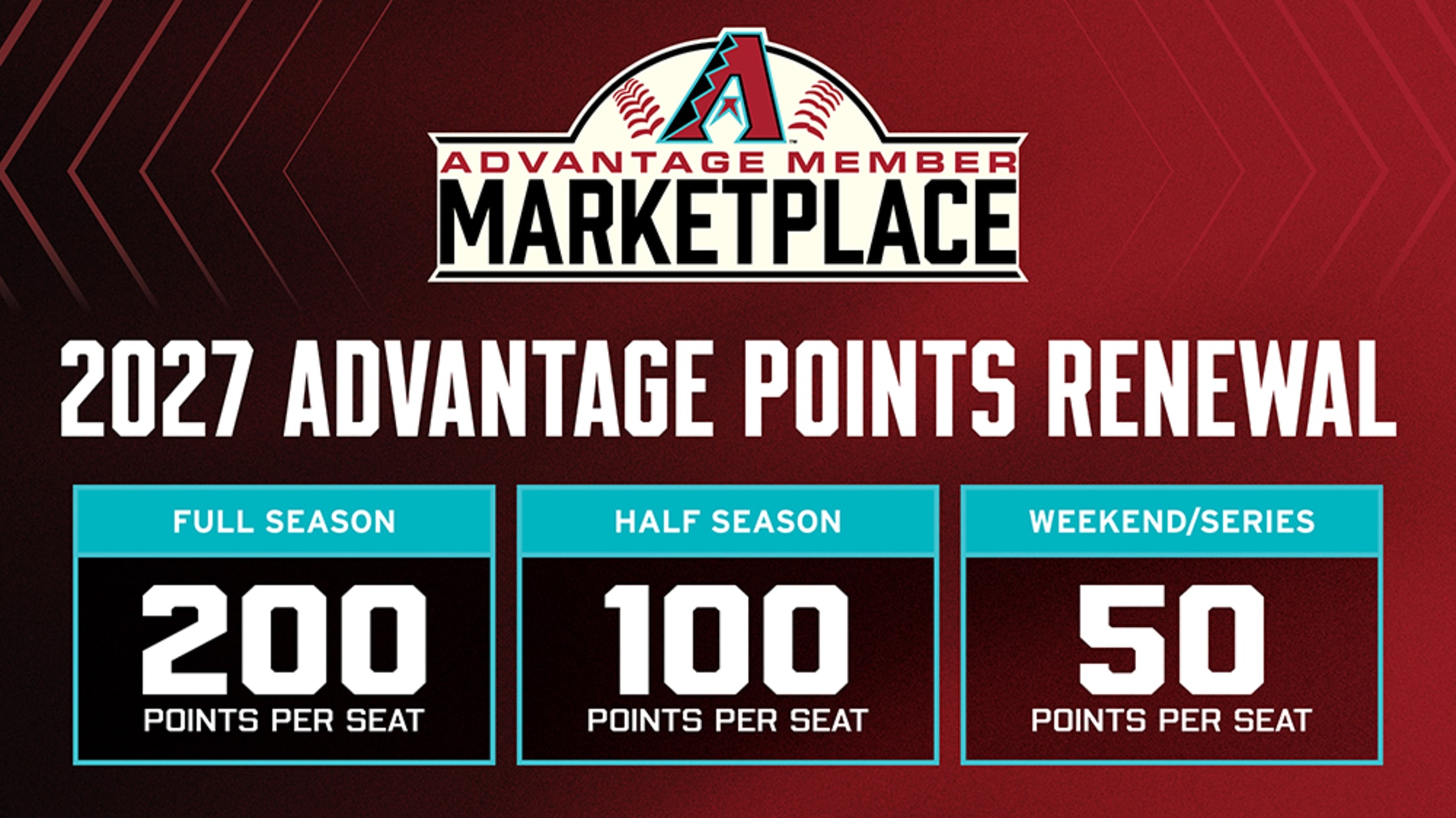 Advantage Member Marketplace. 2027 Advantage Points Renewal: Full season 200 points per seat, Half season 100 points per seat, Weekend/Series 50 points per seat