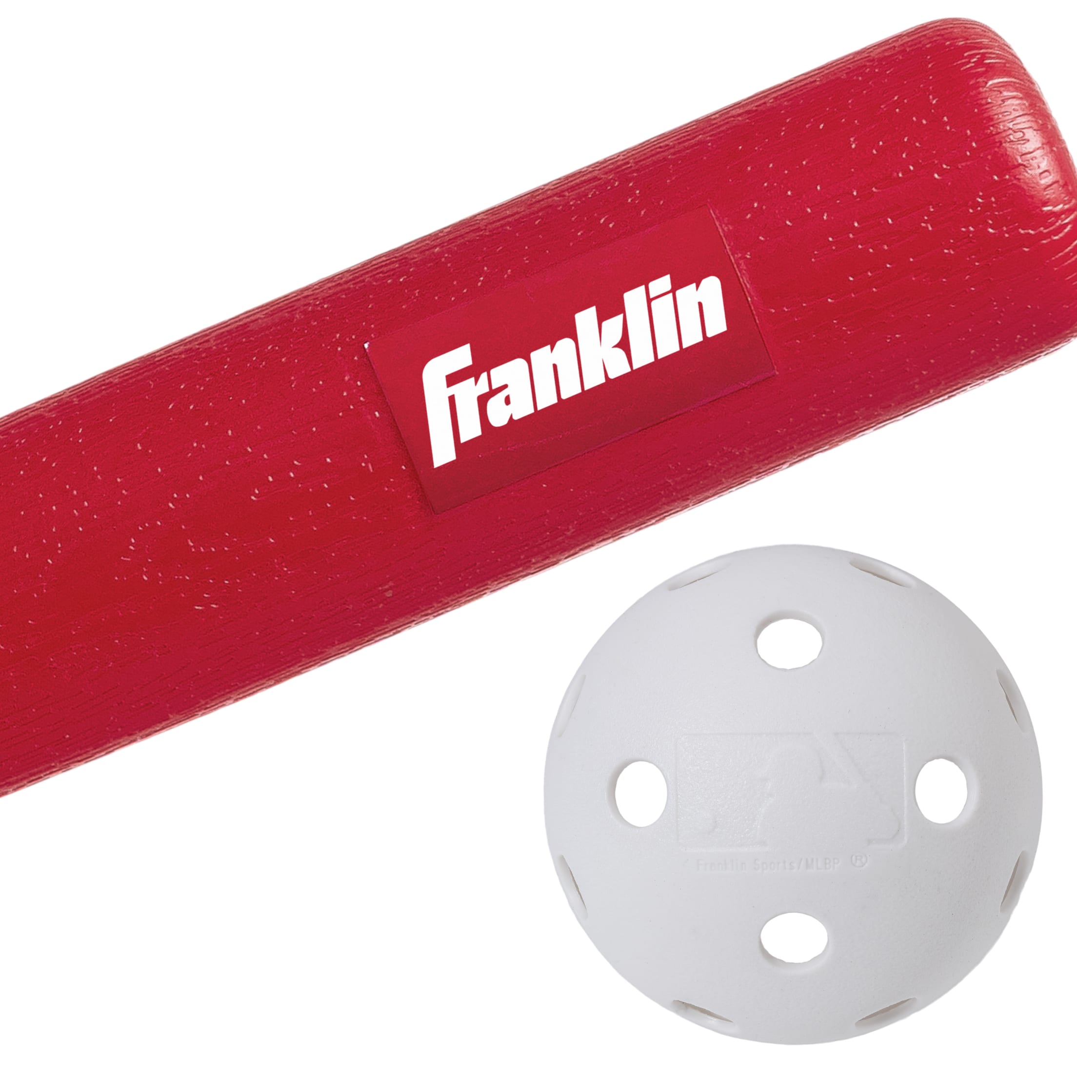 MLB PLAY BALL red bat and ball set close up.