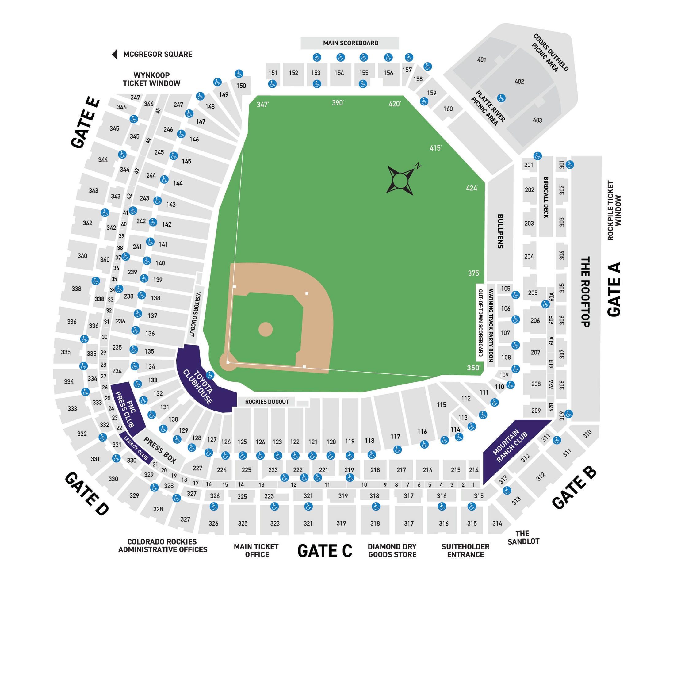 Premium Club locations highlighted on the Coors Field stadium map.