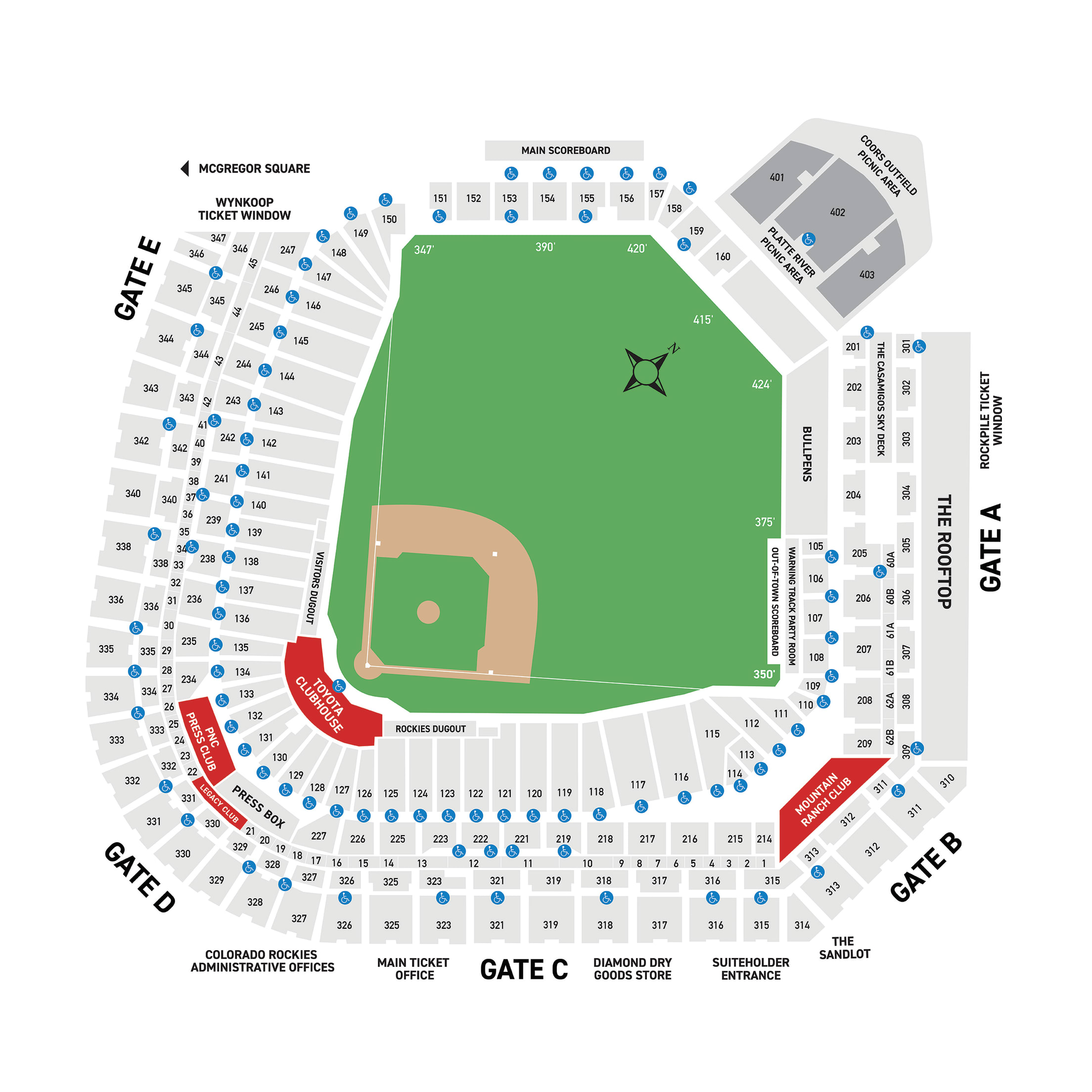 Premium Club locations highlighted on the Coors Field stadium map