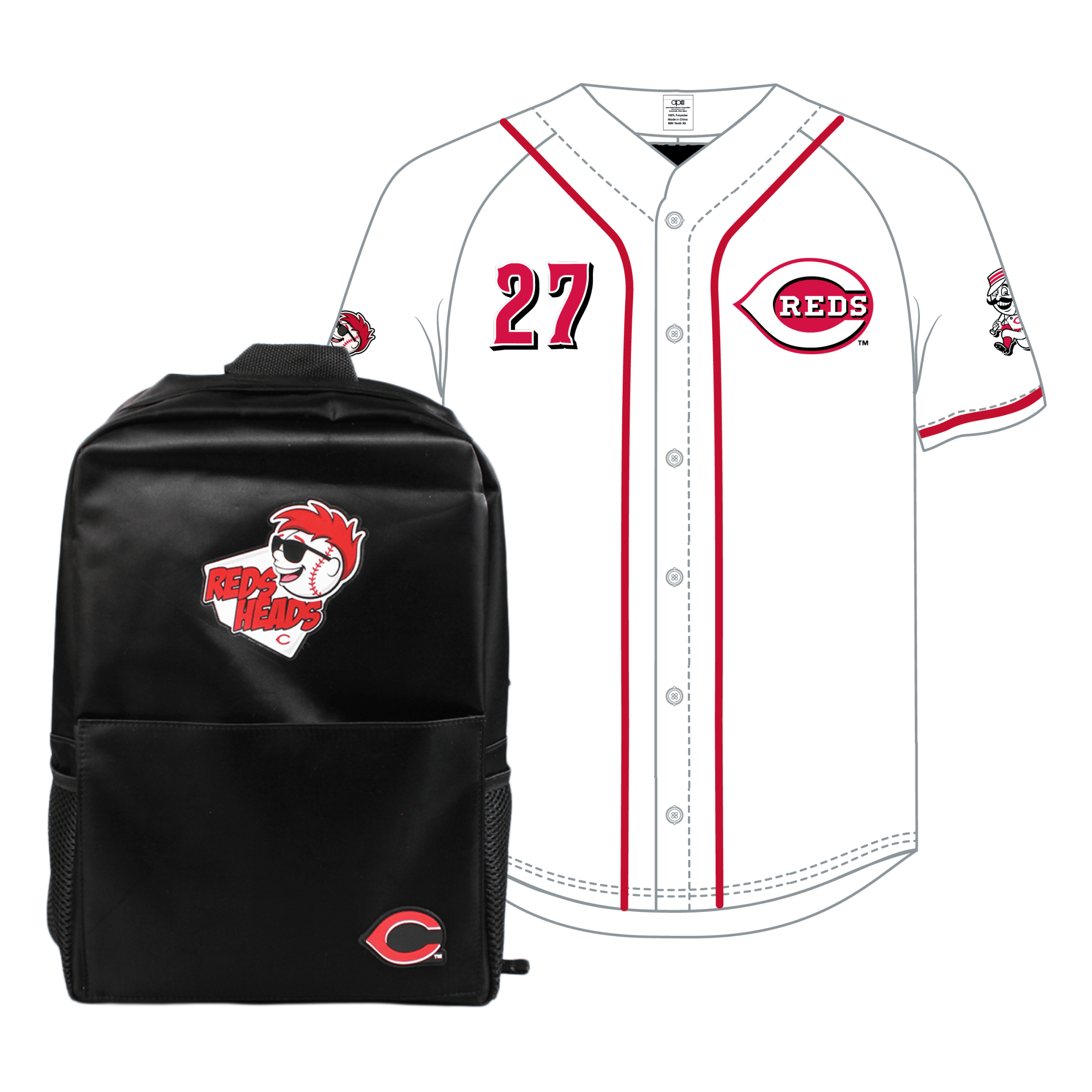 #27 Reds jersey in white with Mr. Redlegs on left arm sleeve and Reds Heads logo on right sleeve, and a black Reds Heads backpack.
