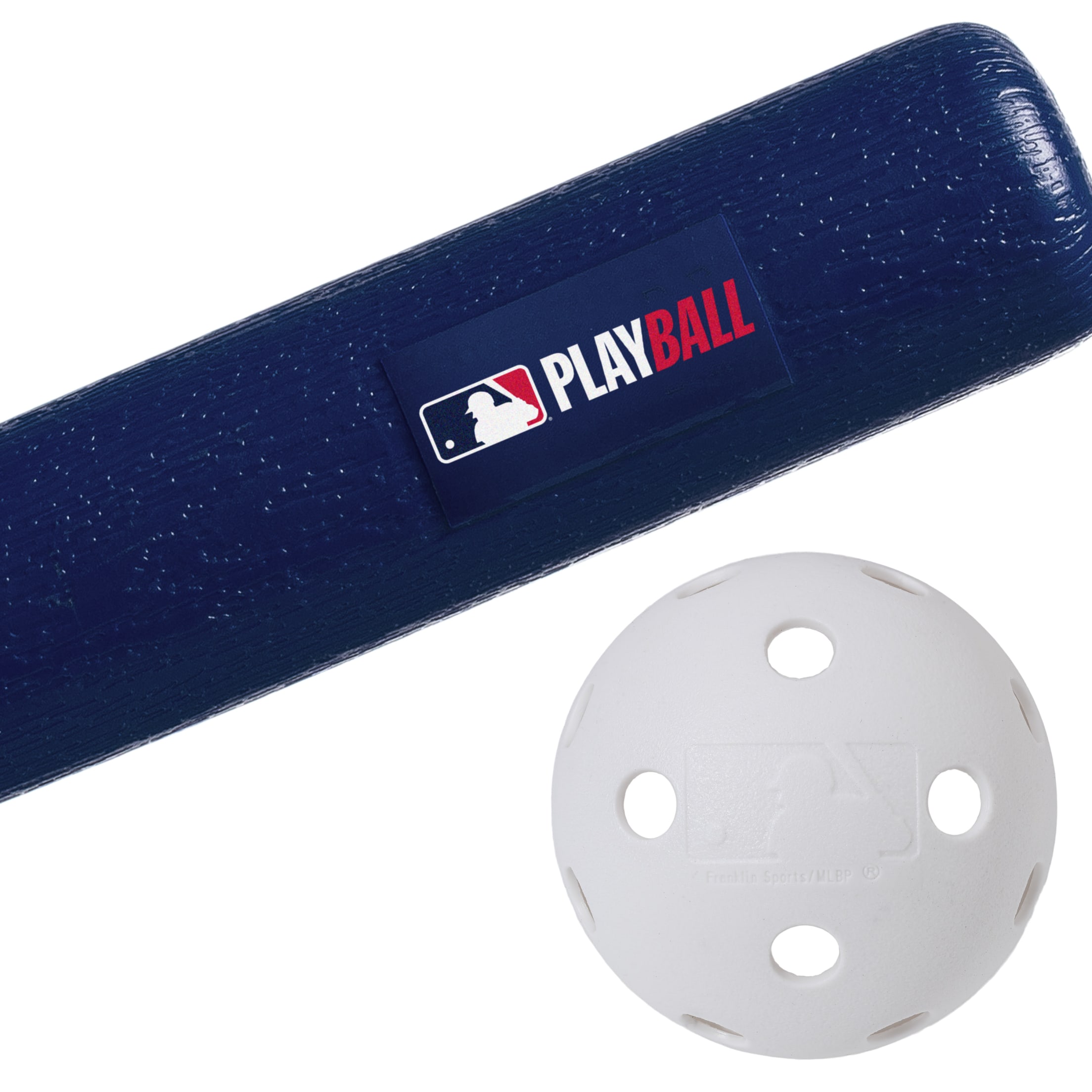 MLB PLAY BALL blue bat and ball set close up.