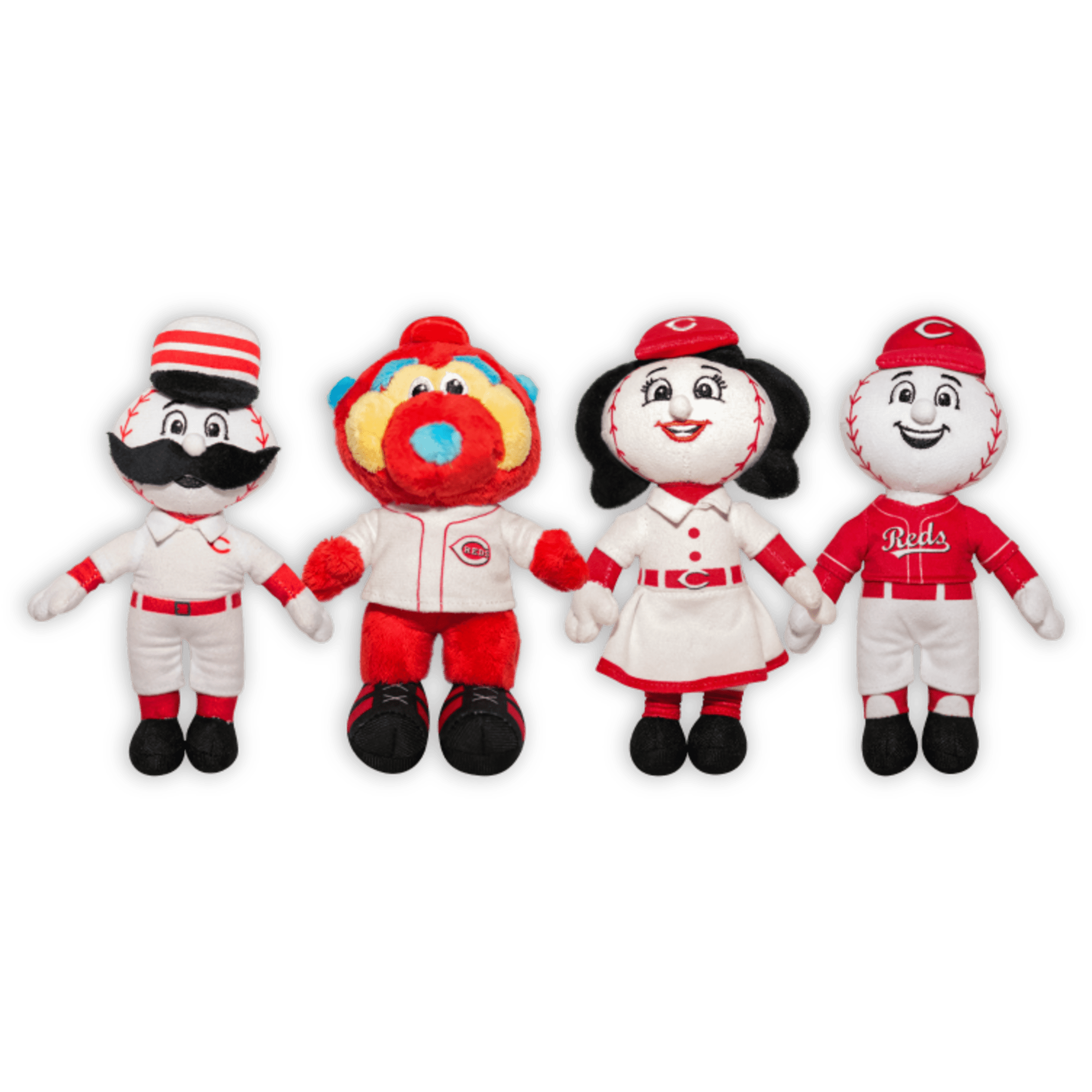 2027 Reds Heads member plush mascot keychain. Mr. Redlegs, Gapper, Rosie Red and Mr. Red.