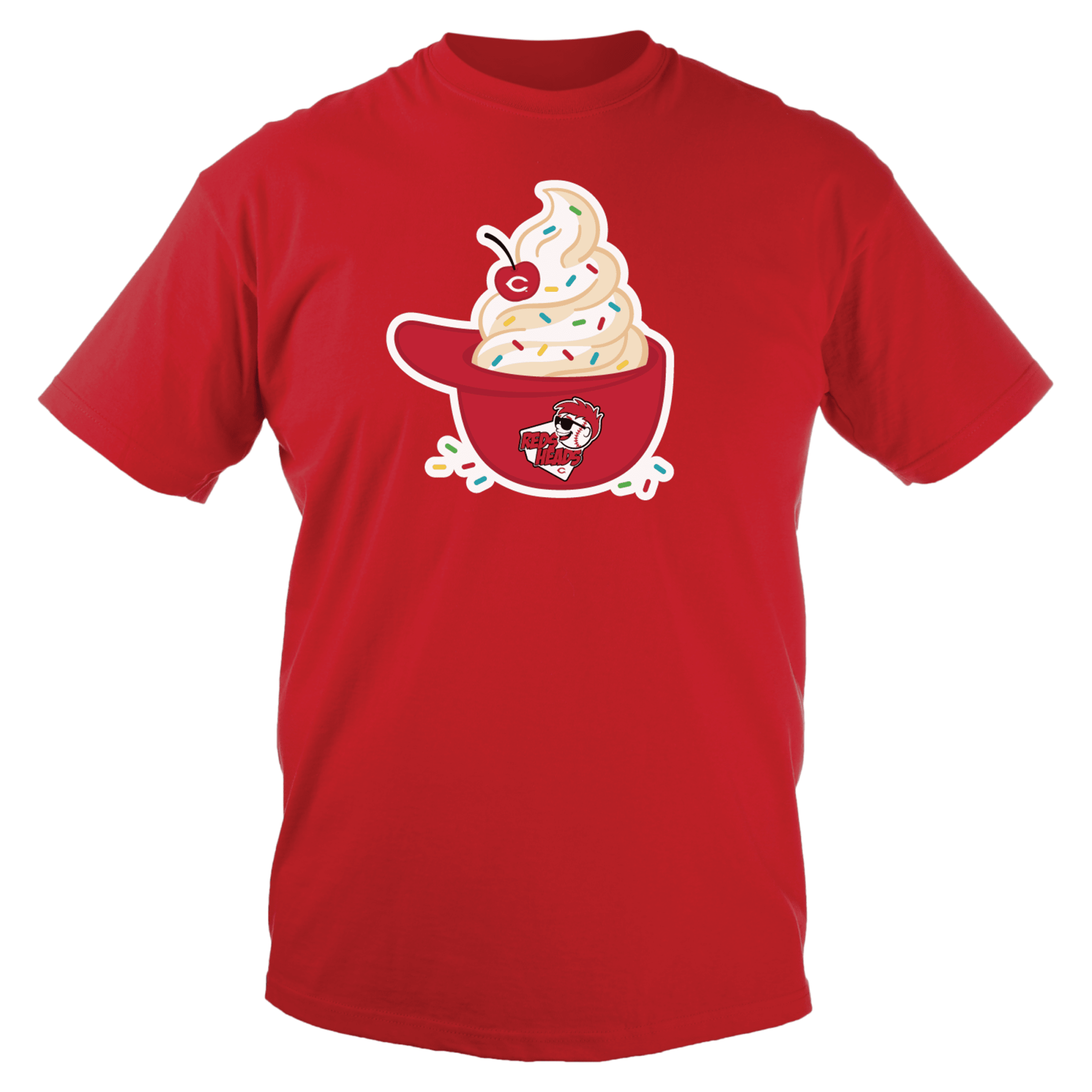 Reds Heads t-shirt - red shirt with a Reds Heads mini helmet filled with swirled ice cream featuring a Reds logo on the cherry.
