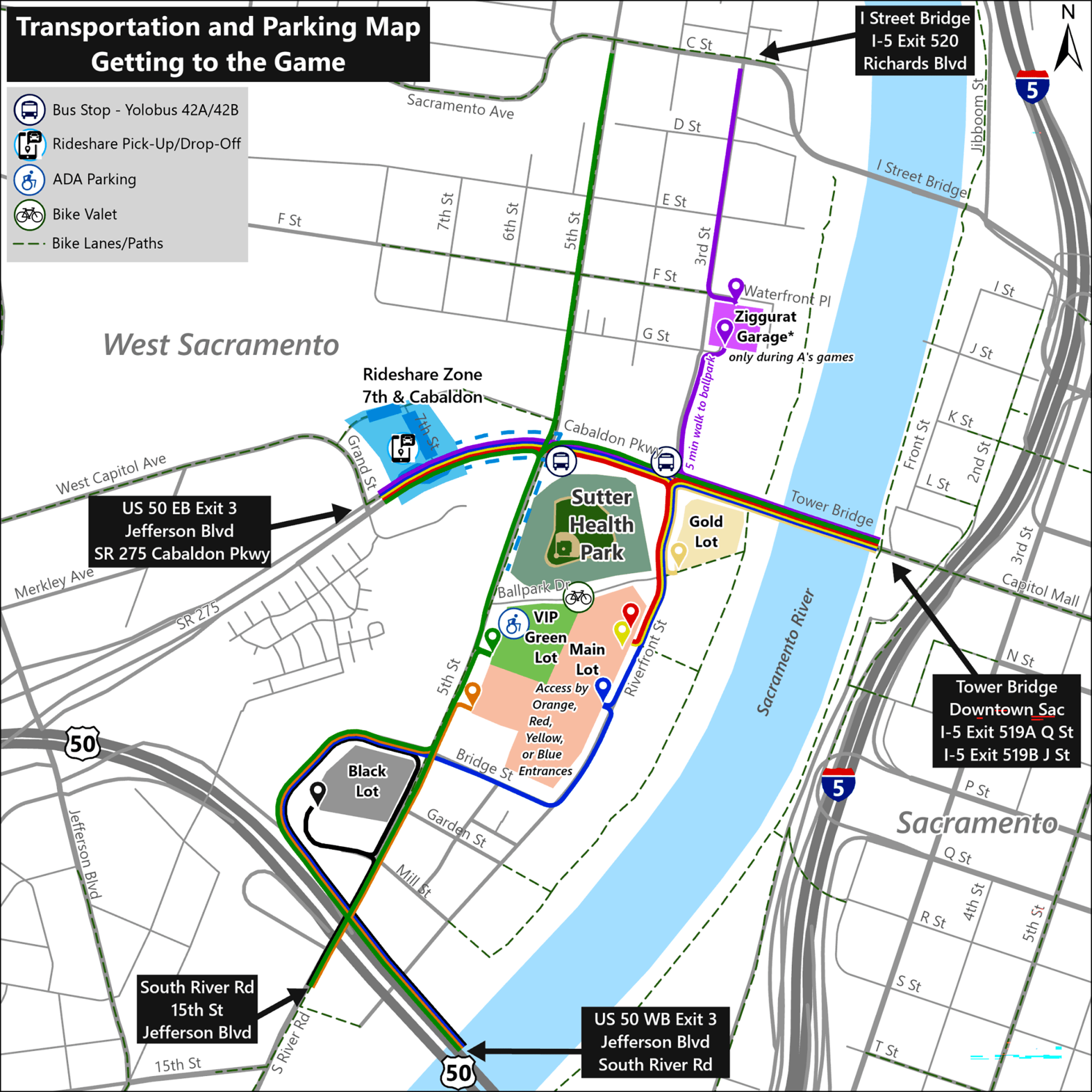 Sutter Health Park: Transportation and Parking Map