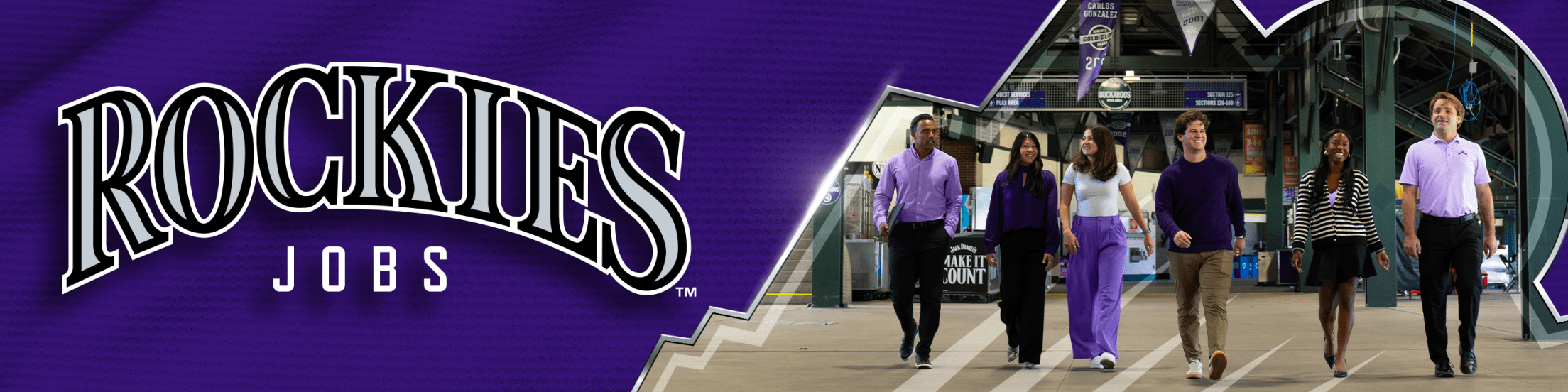 Rockies Jobs - showing 6 employees walking side-by-side through Coors Field.