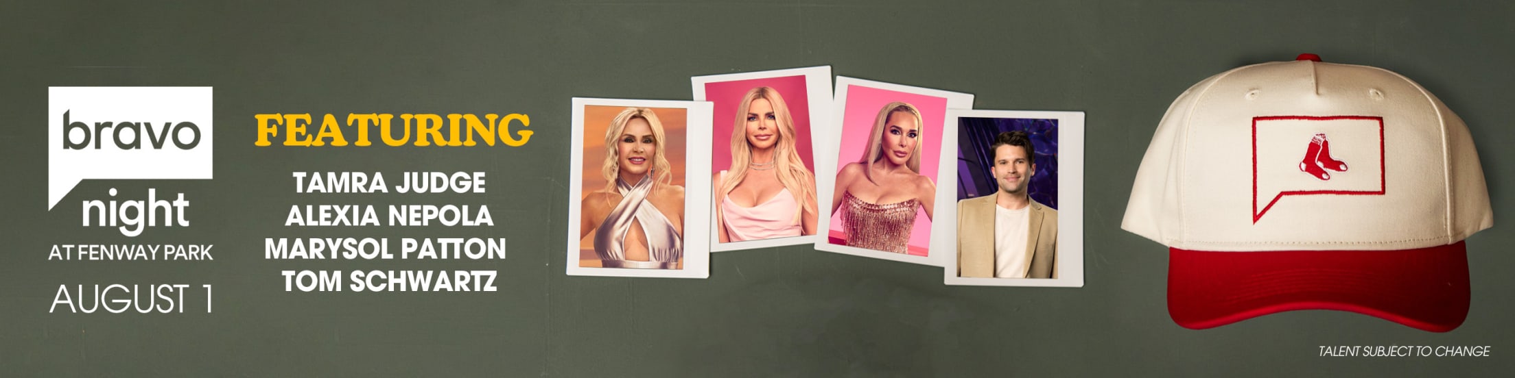 Bravo Night at Fenway Park. August 1, 2025. Featuring: Tamra Judge, Alexia Nepola, Marysol Patton, and Tom Schwartz. Talent subject to change.