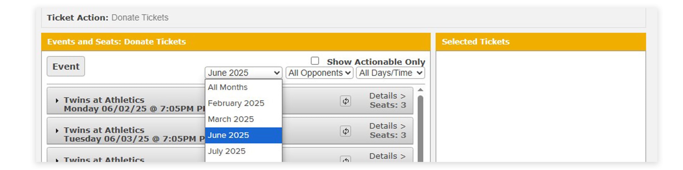 Navigate to the month of the tickets you want to donate