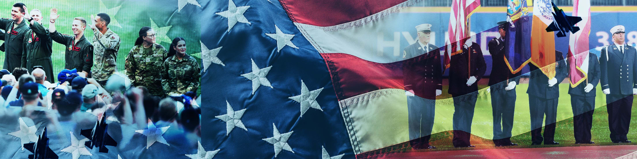 A collage of veterans honored at a ballpark, the color guard for a national anthem and an American flag.