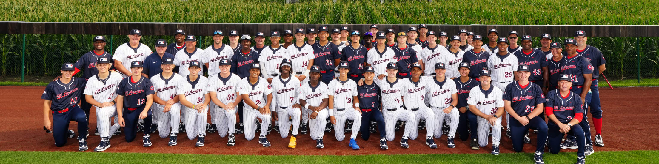 Members of the American League and National League teams pose for a group photo prior to the 2026 High School All-American Game at MLB Field of Dreams in Dyersville, Iowa.
