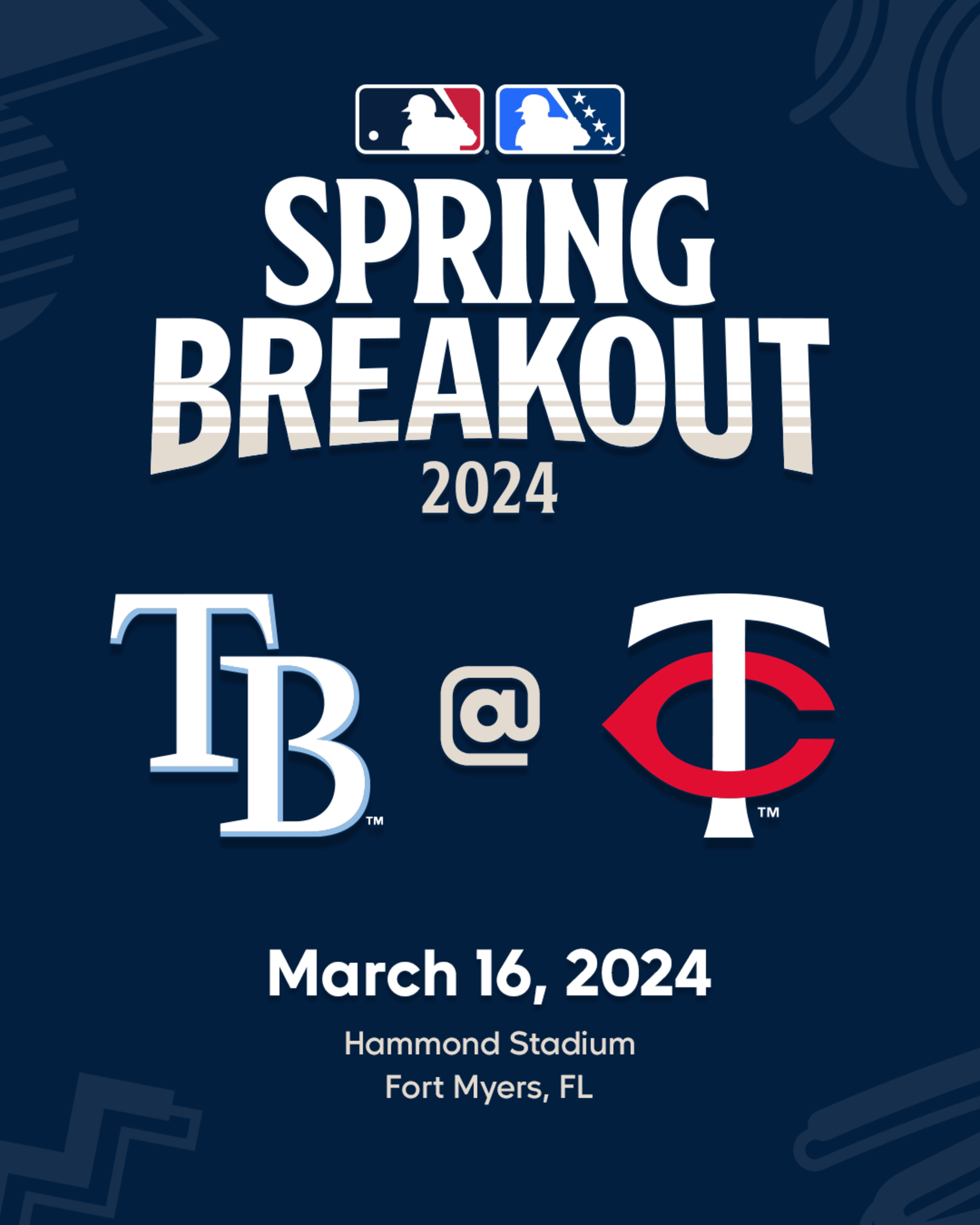 MLB Spring Breakout 2024. Tampa Bay Rays at Minnesota Twins. March 16, 2024. Hammond Stadium in Fort Myers, Florida.