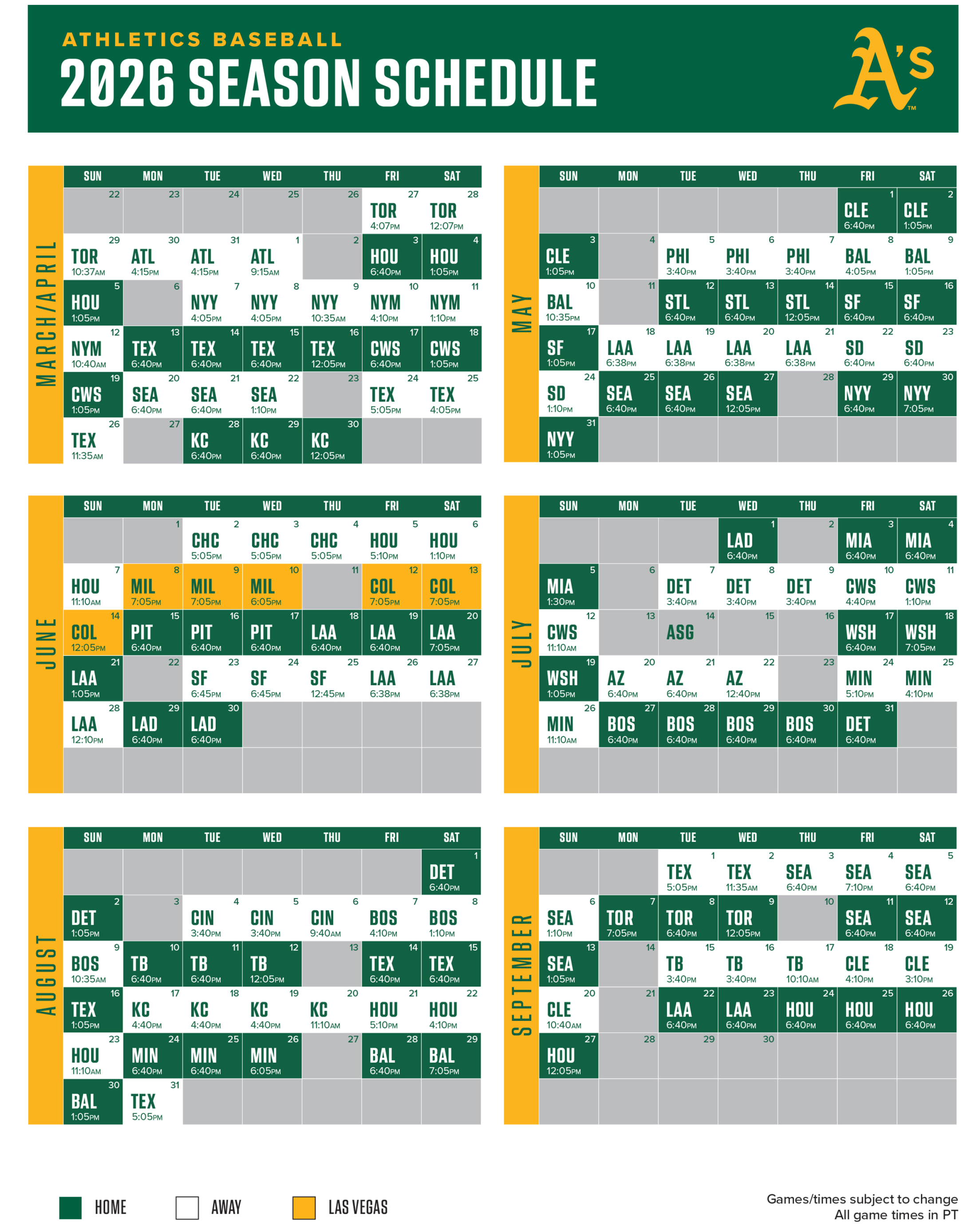 Athletics Baseball 2026 Regular Season Schedule