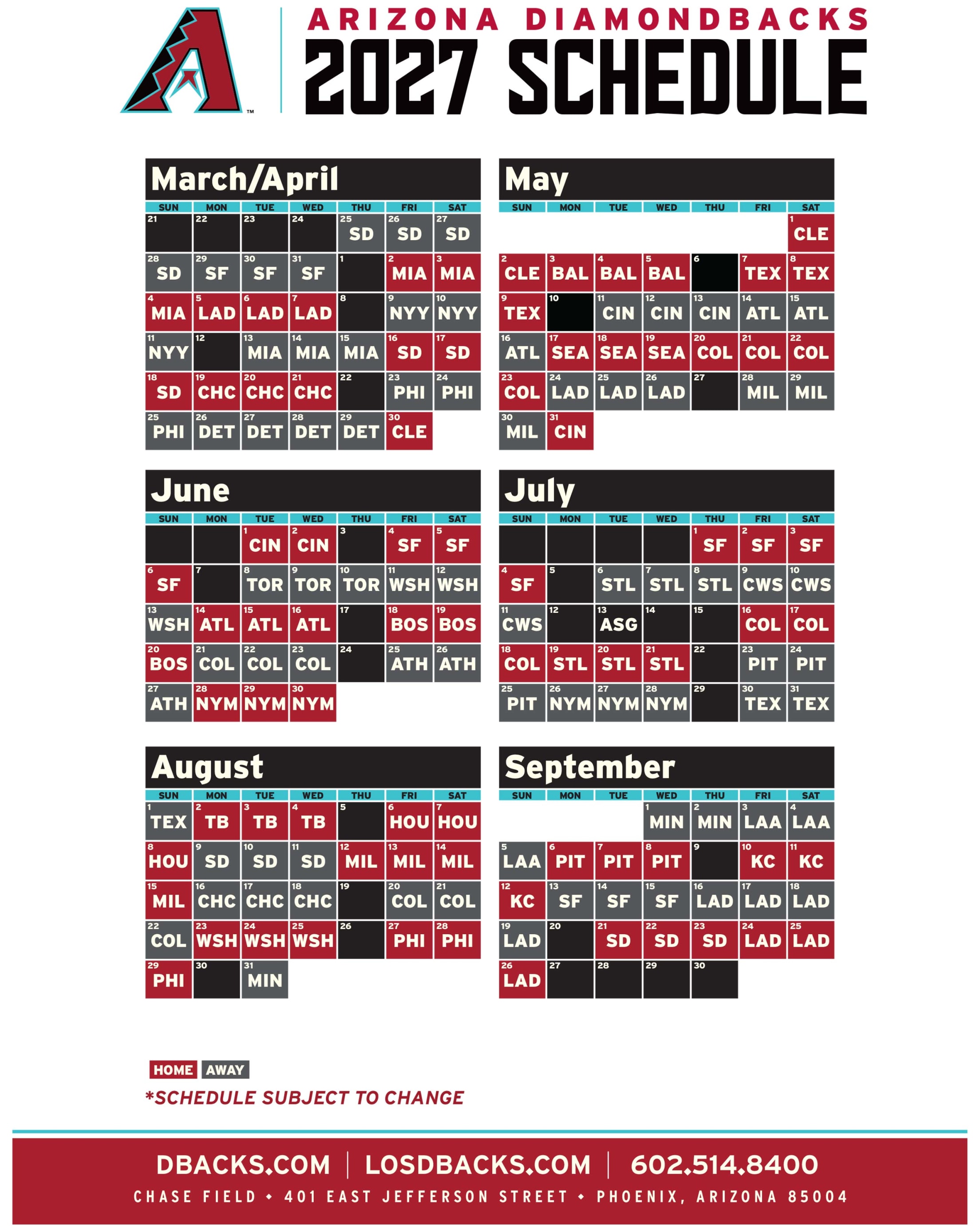 Arizona Diamondbacks 2027 regular season schedule