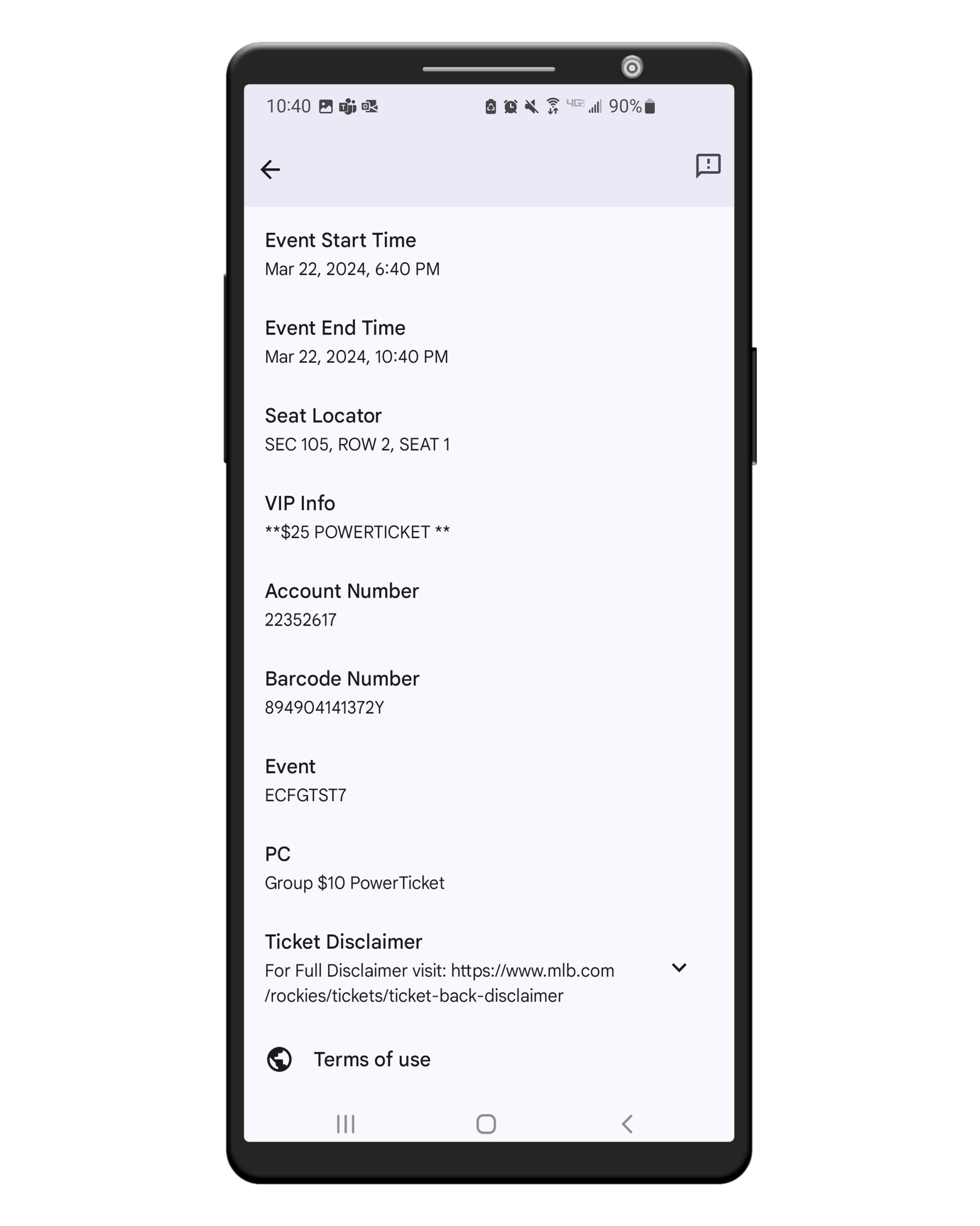 Colorado Rockies Ballpark app screenshot: View ticket details in order to access your power ticket barcode number on an android device