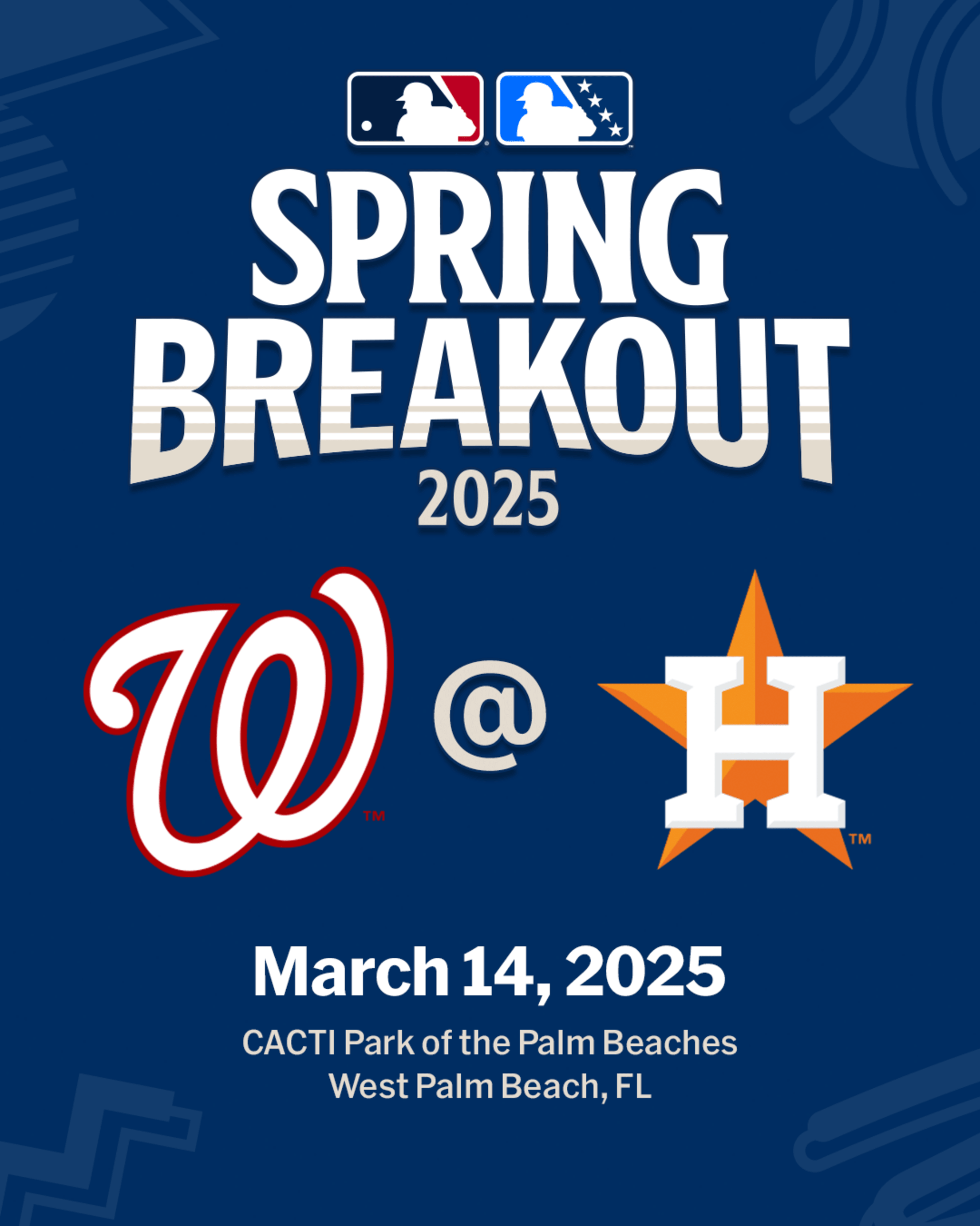 2025 MLB Spring Breakout game - Washington Nationals Prospects vs. Houston Astros Prospects. March 14, 2025 at CACTI Park of the Palm Beaches in West Palm Beach, Florida.