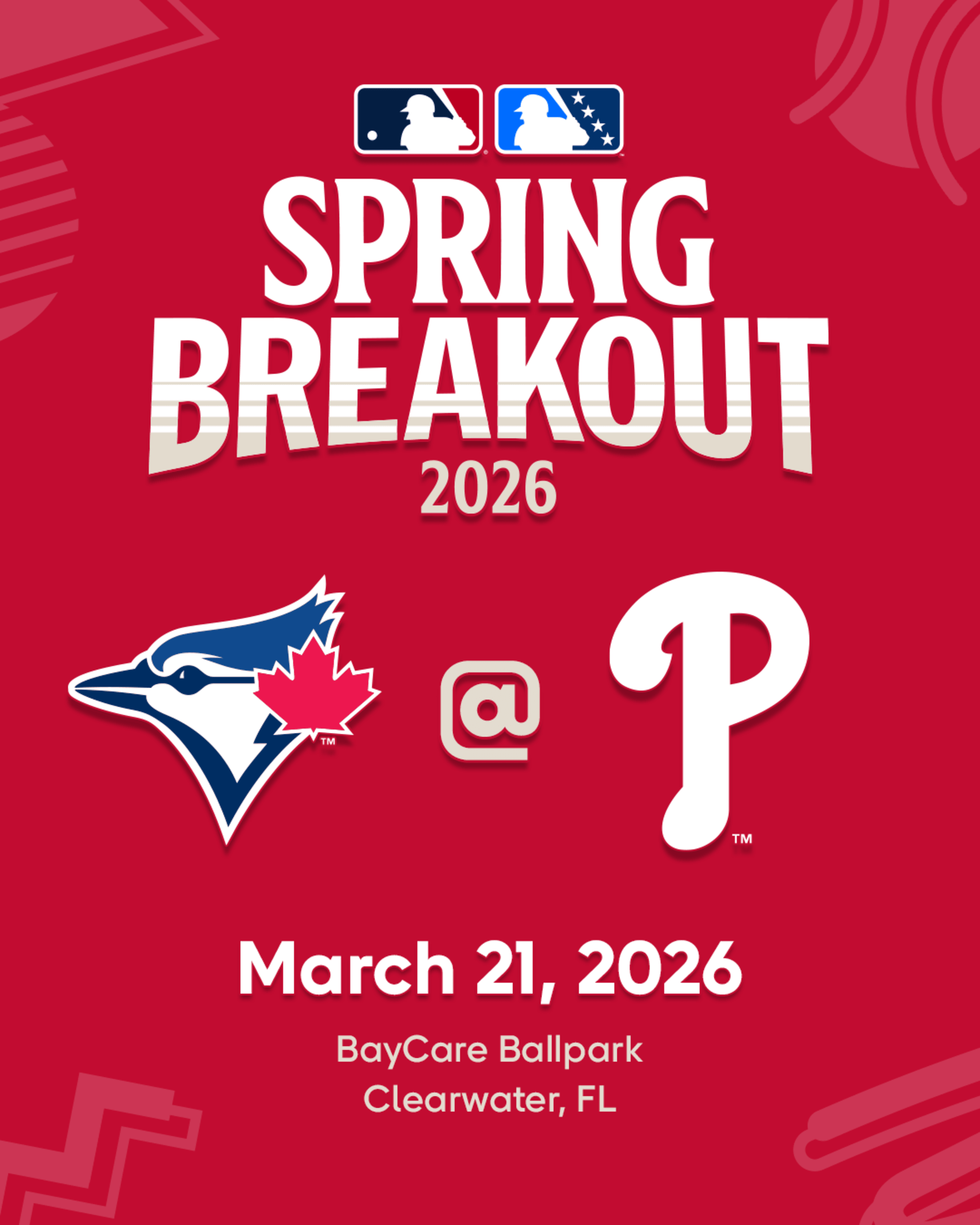 2026 MLB Spring Breakout game - Toronto Blue Jays Prospects vs. Philadelphia Phillies Prospects. March 21, 2026 at BayCare Ballpark in Clearwater, Florida.