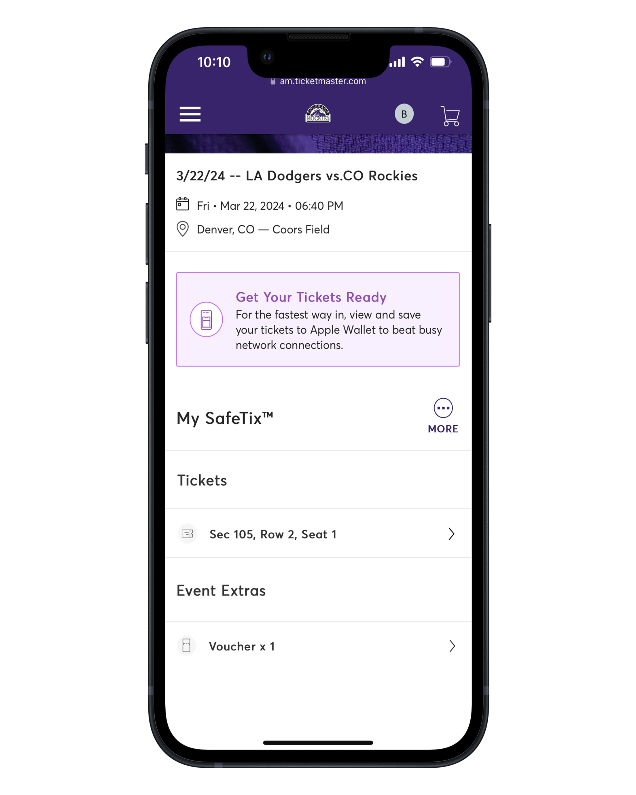 Colorado Rockies Ballpark app screenshot: Get tickets, view ticket details, and voucher events in order to access your power ticket barcode on an apple device