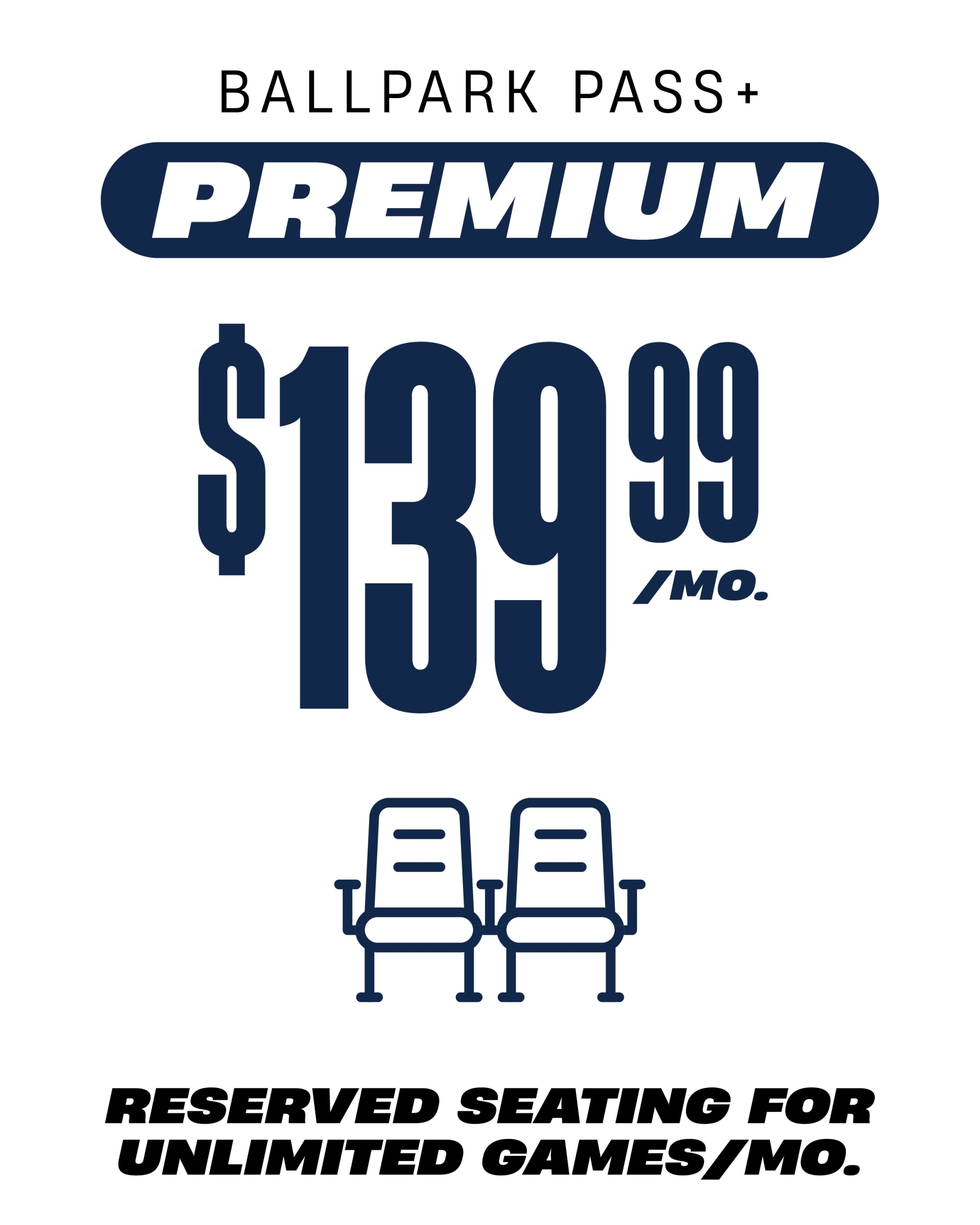 Ballpark Pass+ Premium $139.99/mo Reserved Seating for Unlimited Games/Mo.