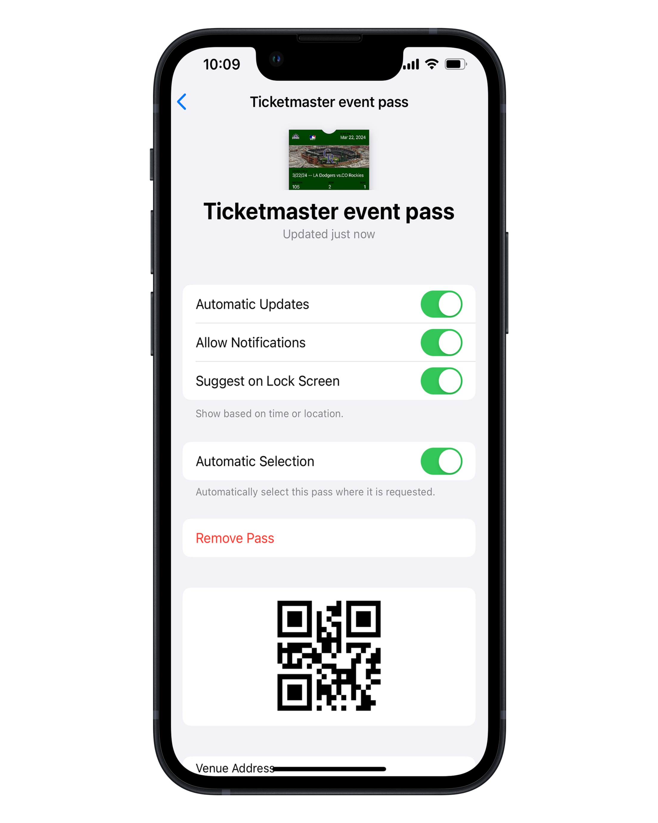 Colorado Rockies Ballpark app screenshot: View voucher event details to show QR code to scan power ticket value on apple device