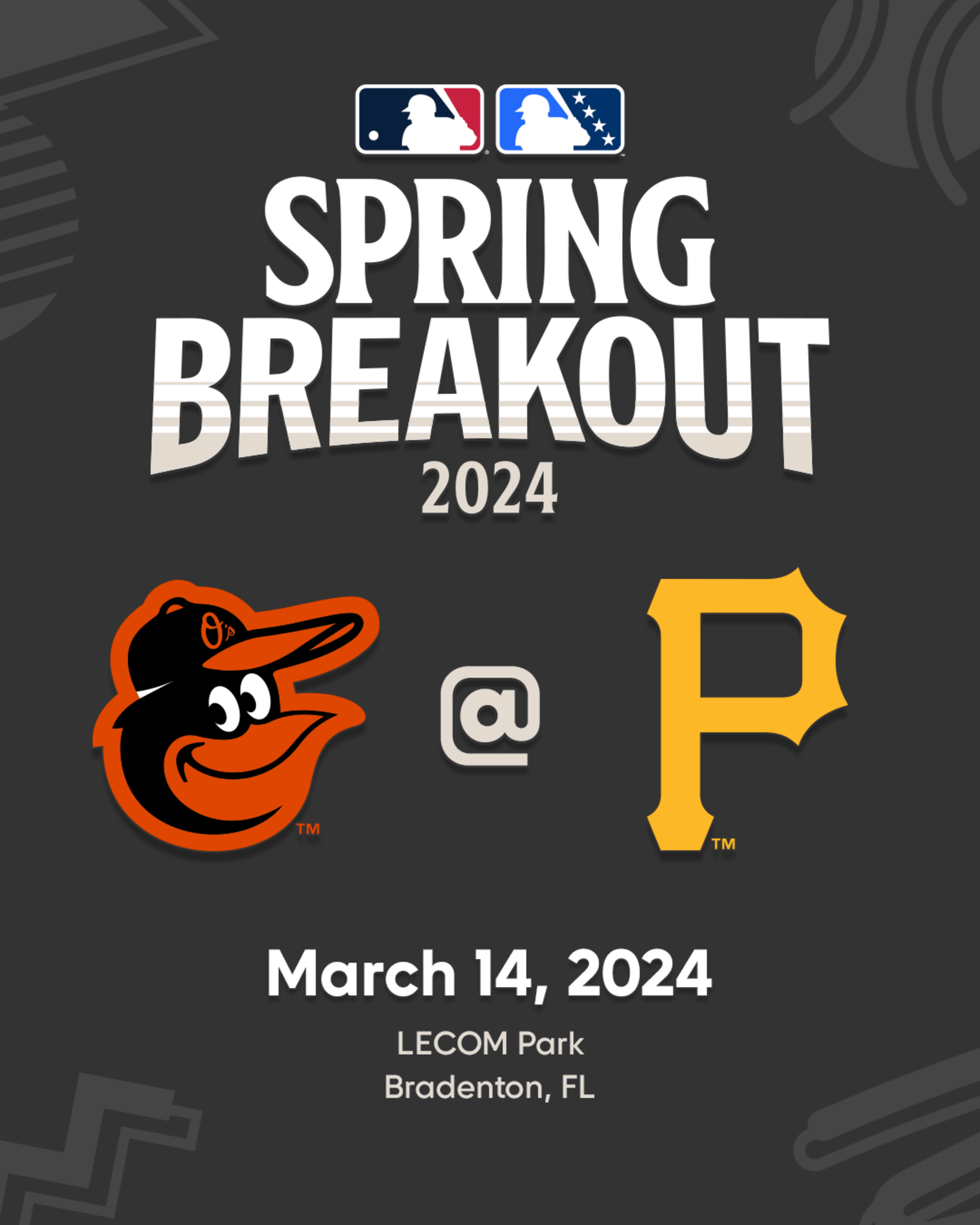 MLB Spring Breakout 2024. Baltimore Orioles at Pittsburgh Pirates. March 14, 2024. LECOM Park in Bradenton, Florida.