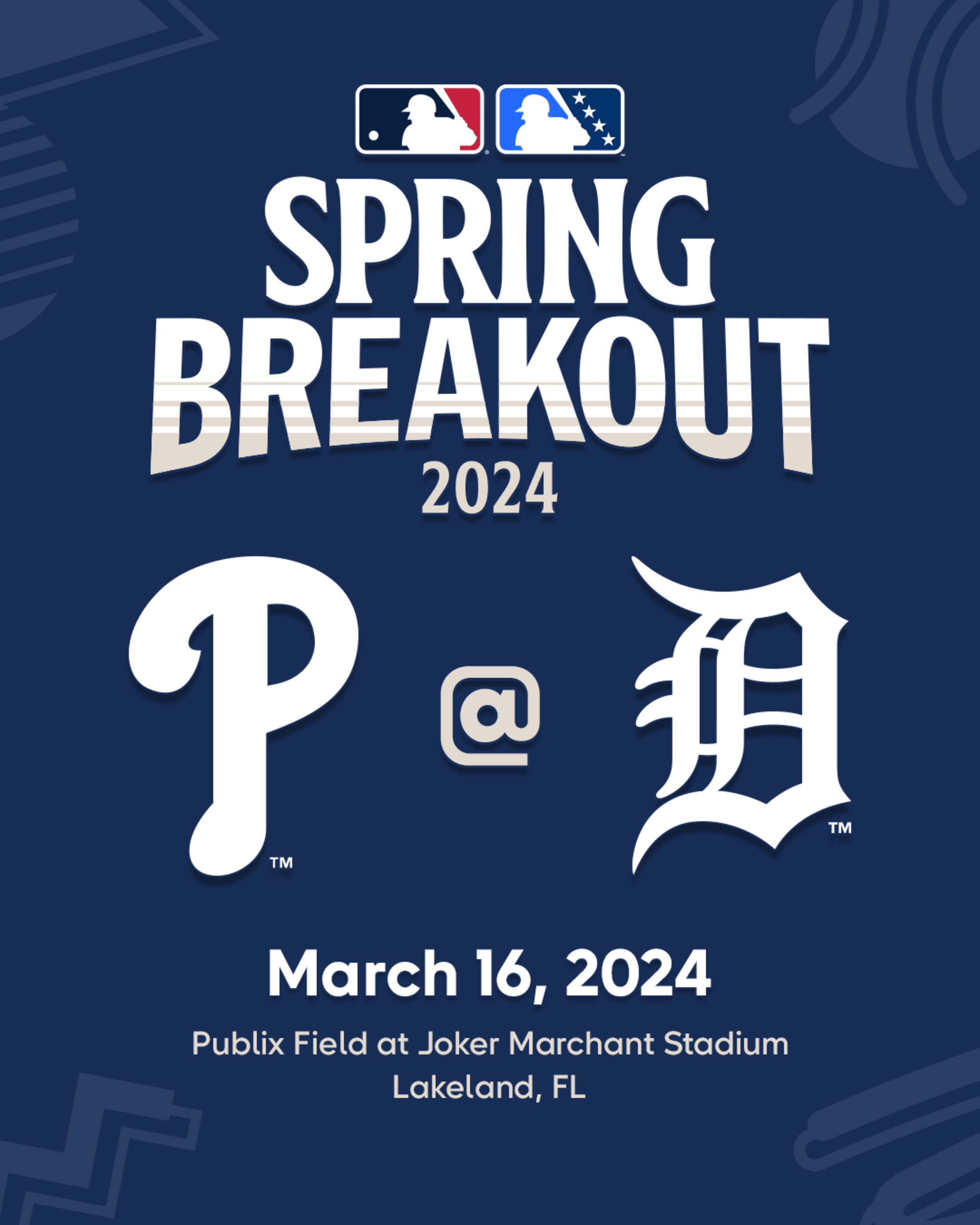 MLB Spring Breakout 2024. Philadelphia Phillies at Detroit Tigers. March 16, 2024. Publix Field at Joker Marchant Stadium in Lakeland, Florida.