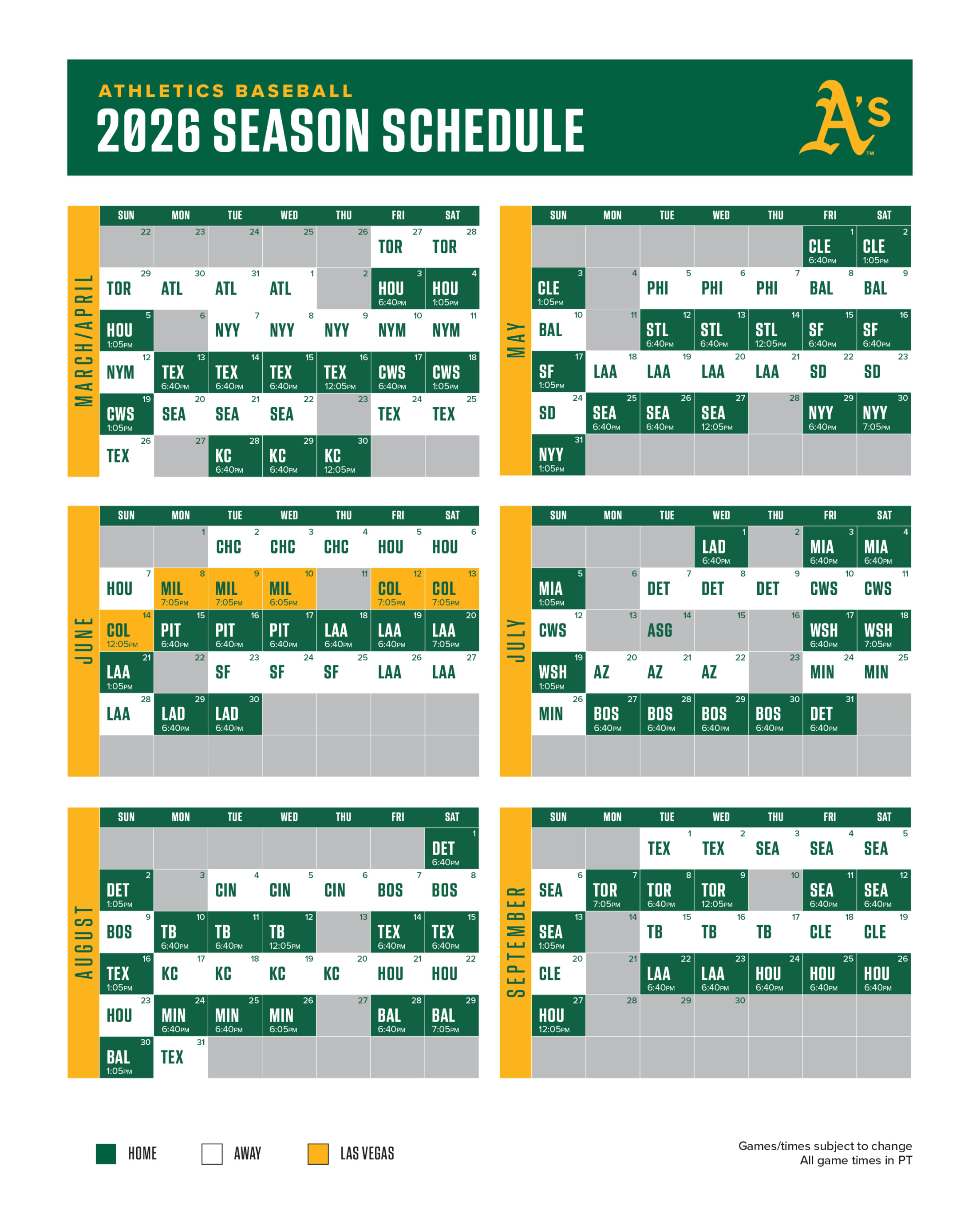 Athletics Baseball 2026 Regular Season Schedule