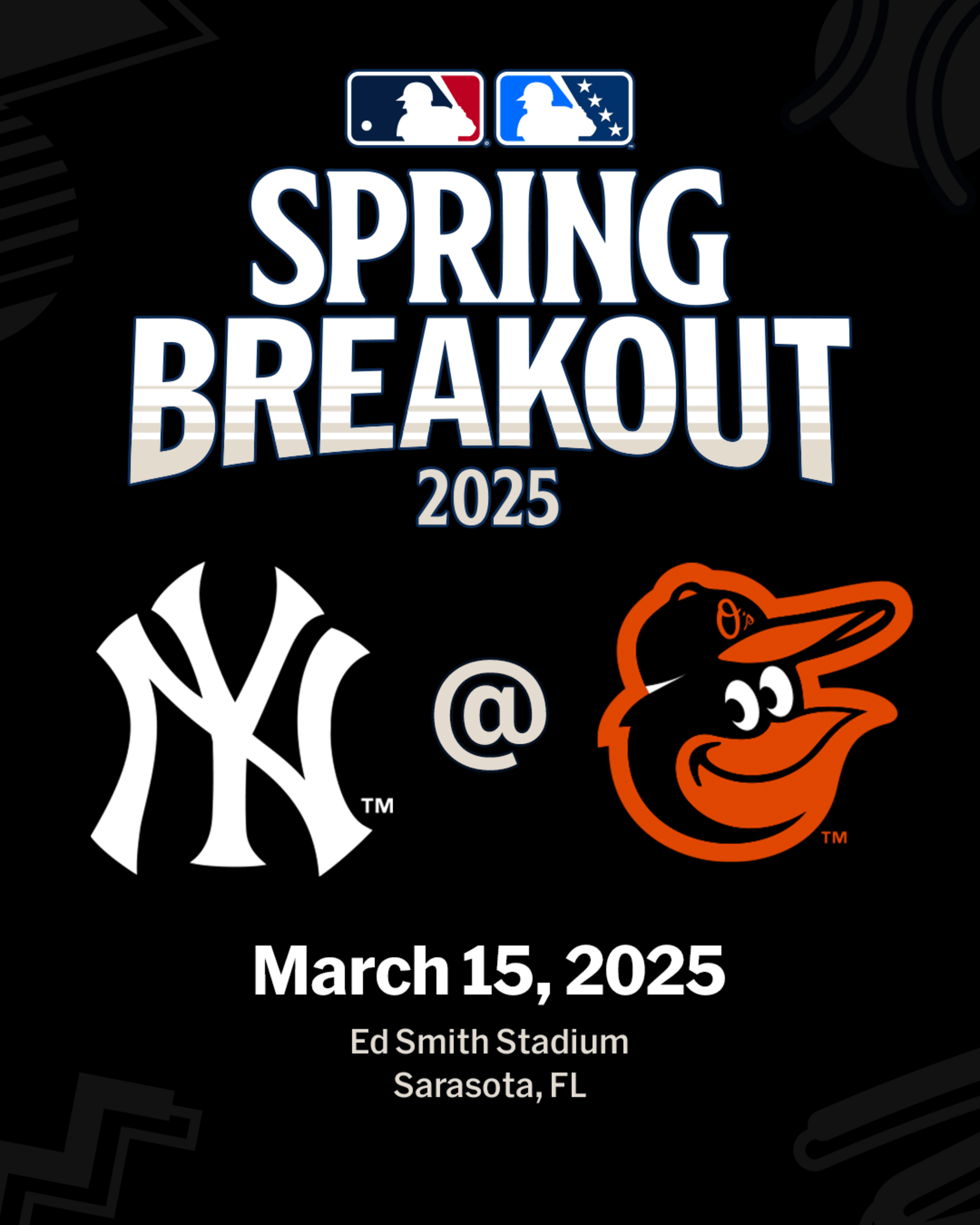 2025 MLB Spring Breakout game - New York Yankees Prospects vs. Baltimore Orioles Prospects. March 15, 2025 at Ed Smith Stadium in Sarasota, Florida.