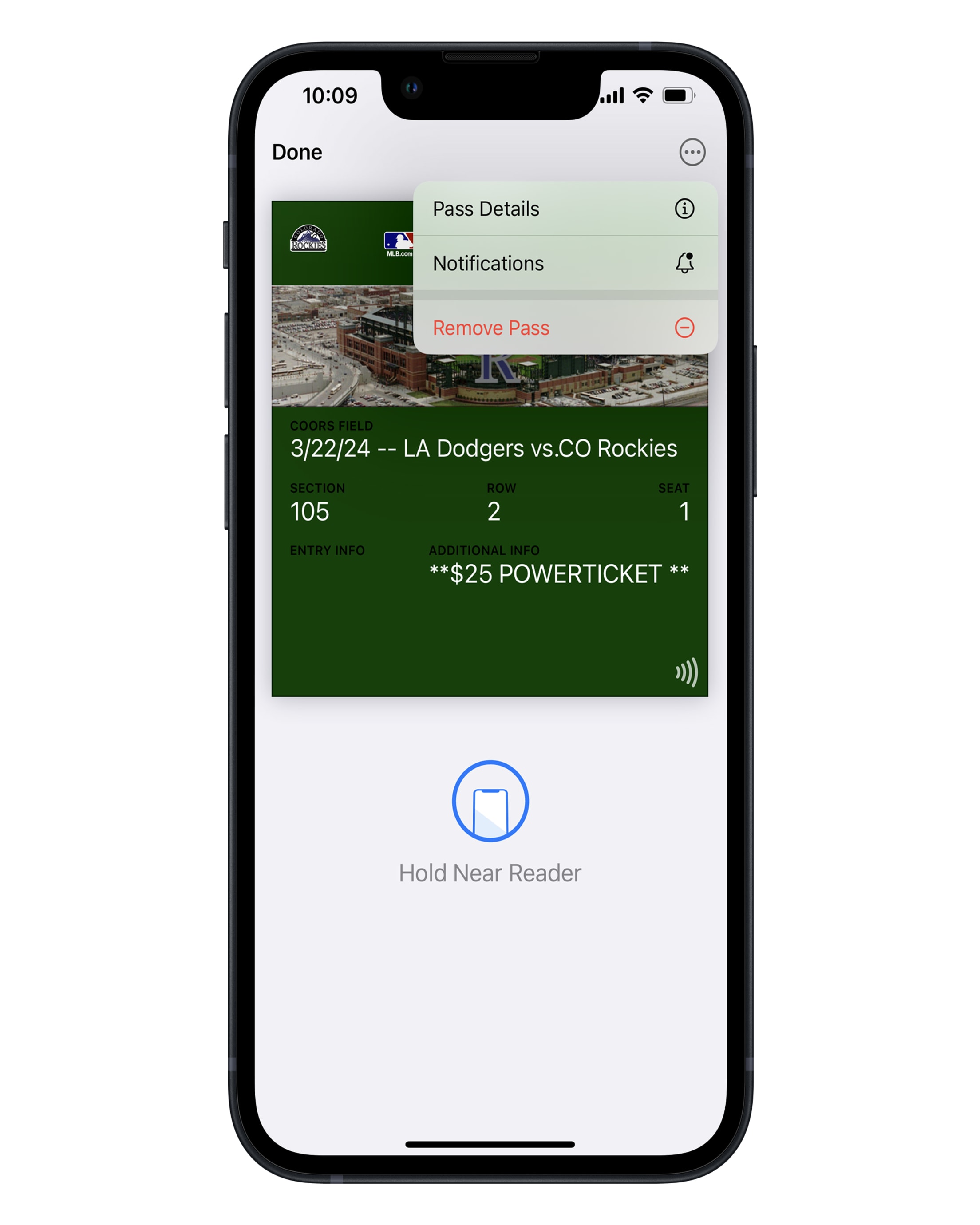 Colorado Rockies Ballpark app screenshot: Get tickets, view ticket details, and voucher events in order to access your power ticket barcode on an apple device