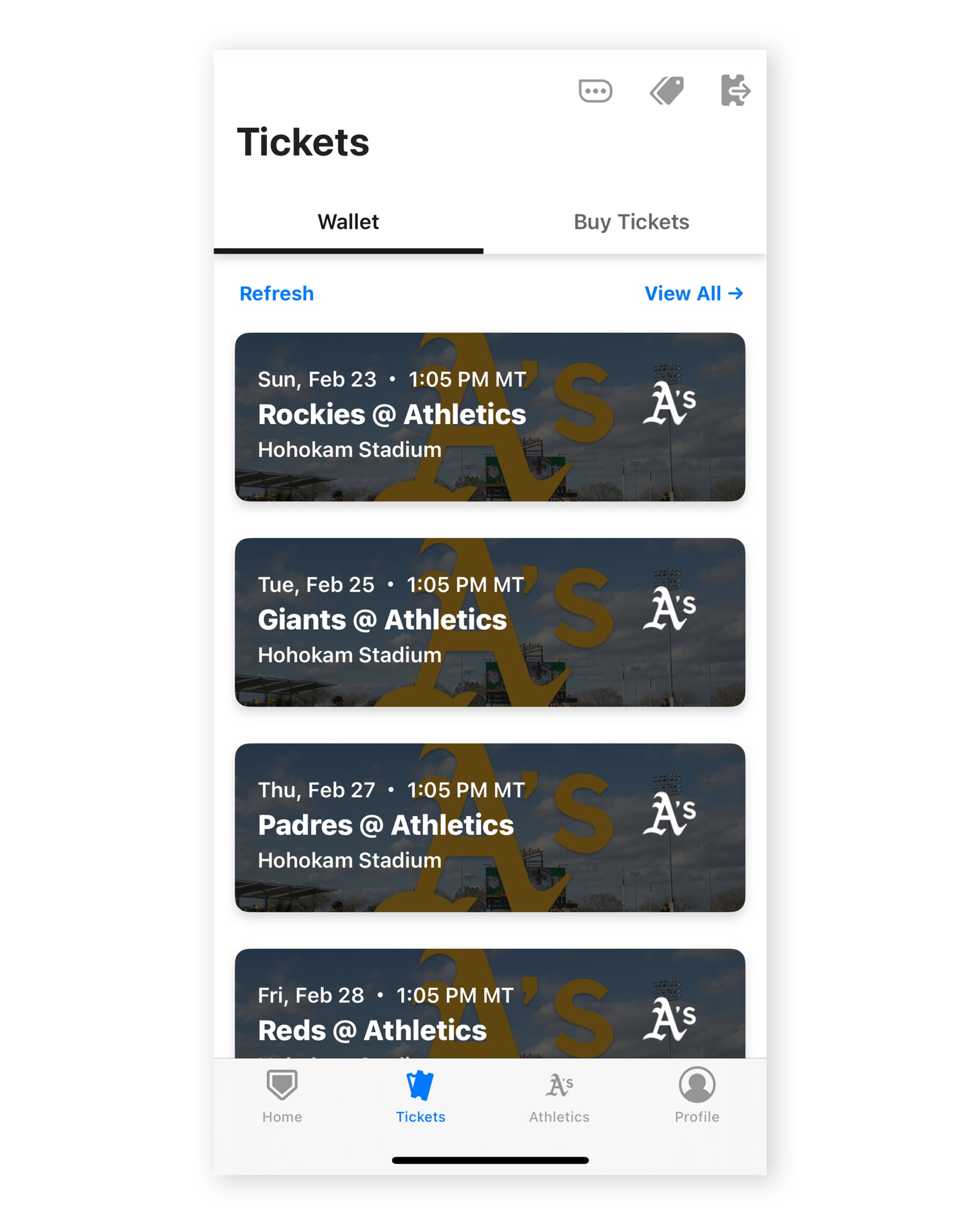 Using an Apple device, open the MLB Ballpark app, log in to your account, and then tap Tickets then Wallet.