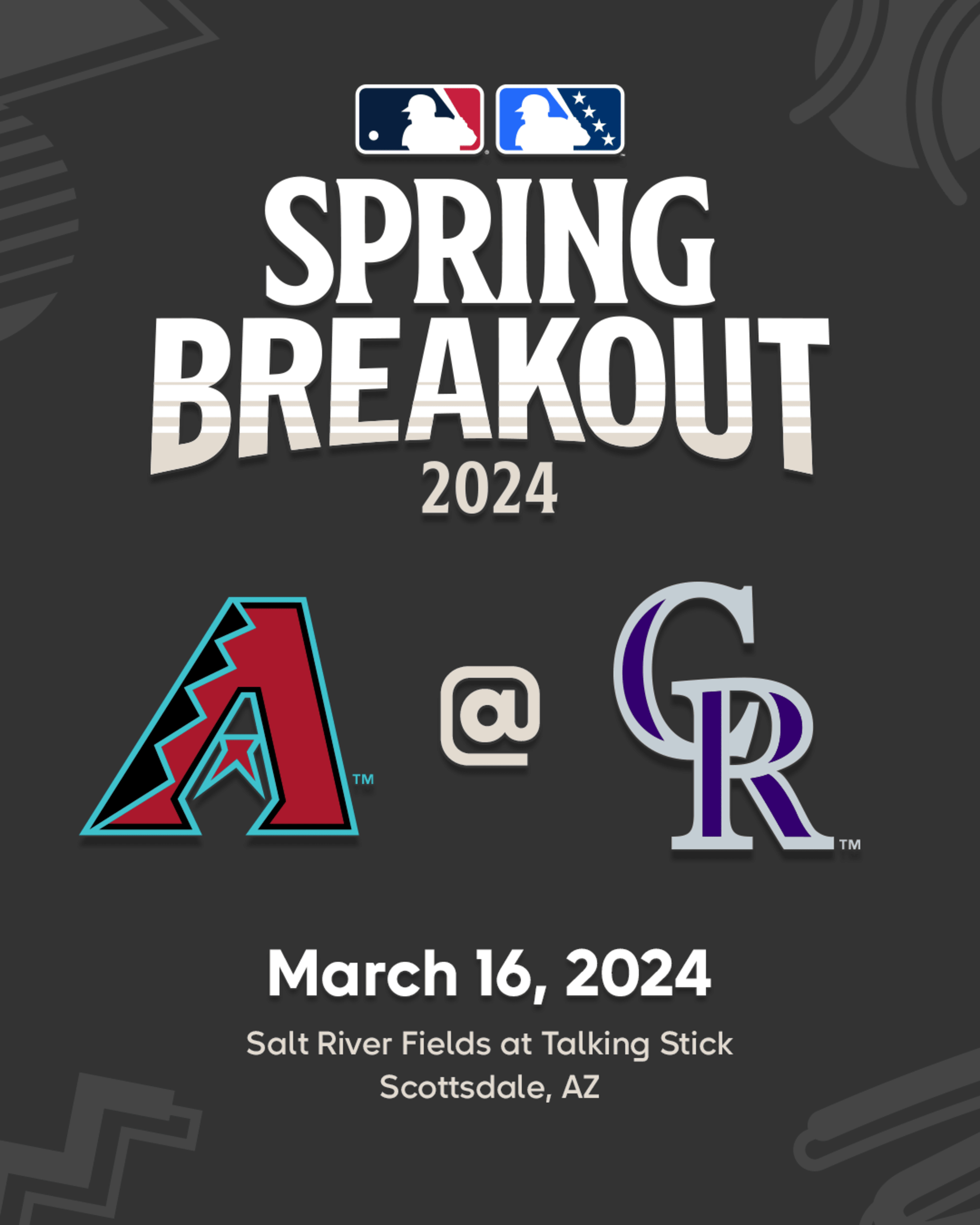 MLB Spring Breakout 2024. Arizona Diamondbacks at Colorado Rockies. March 16, 2024. Salt River Fields at Talking Stick in Scottsdale, Arizona.