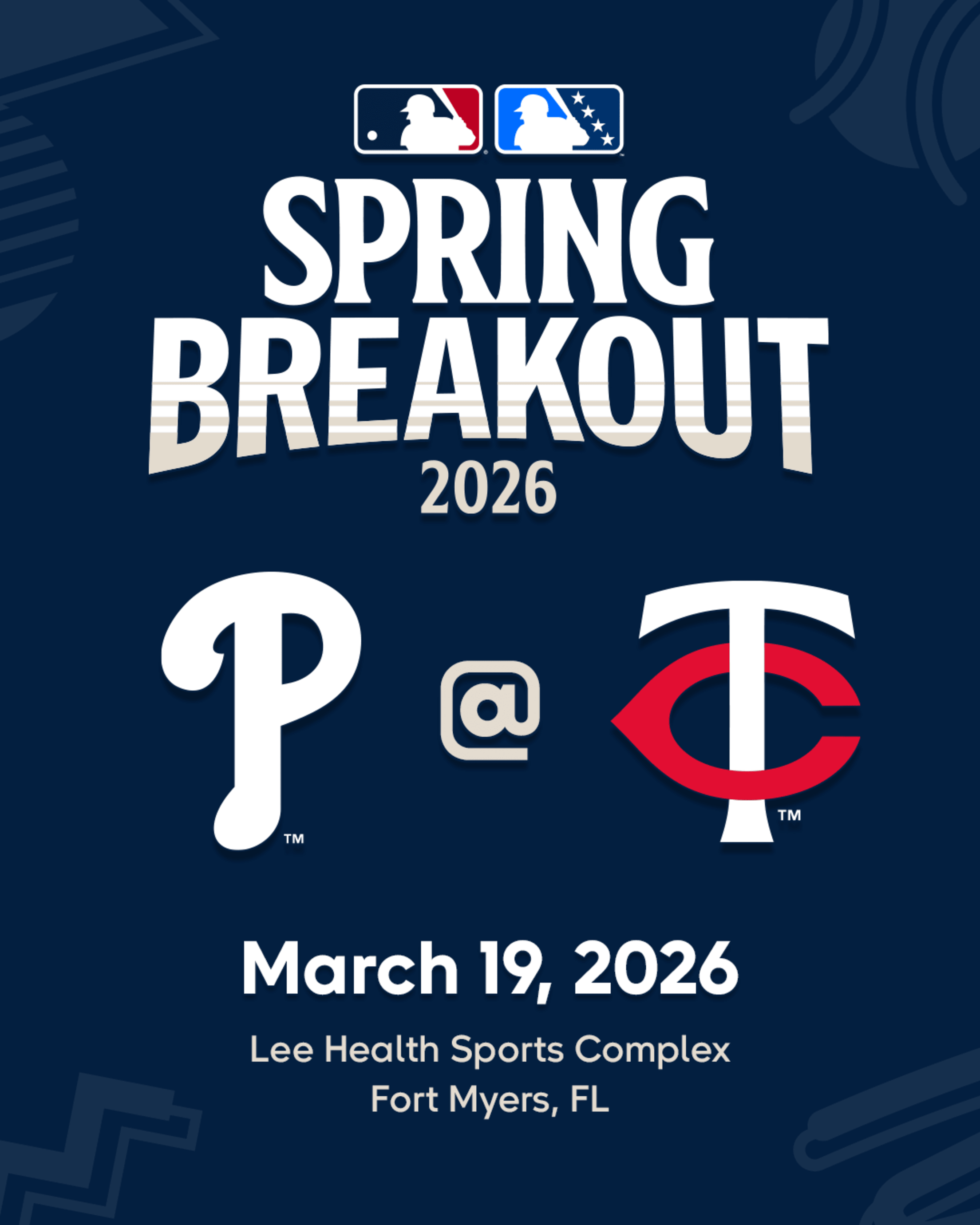 2026 MLB Spring Breakout game - Philadelphia Phillies Prospects vs. Minnesota Twins Prospects. March 19, 2026 at Lee Health Sports Complex in Fort Meyers, Florida.