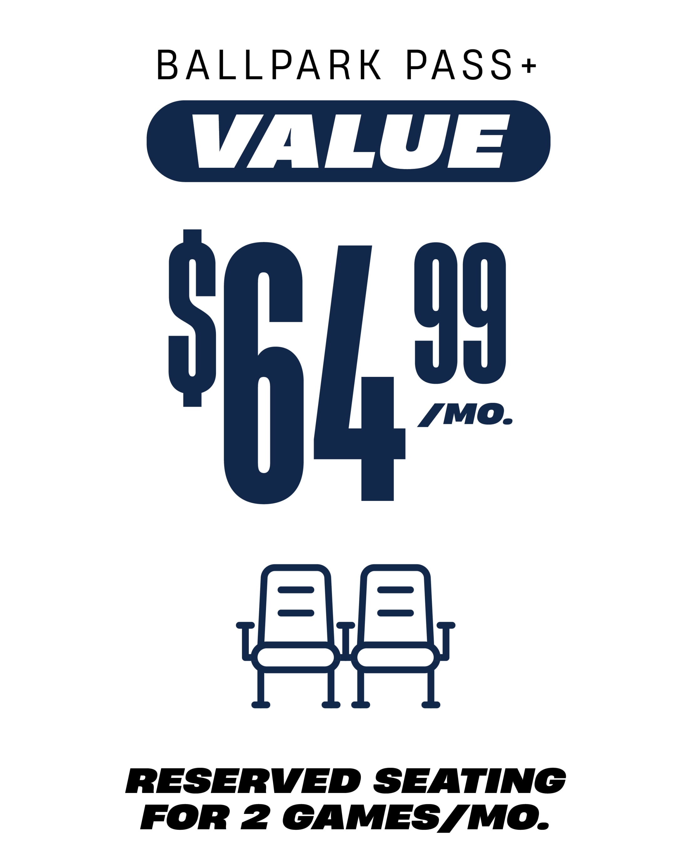 Ballpark Pass+ Value $64.99/mo Reserved seating for 2 games/mo.