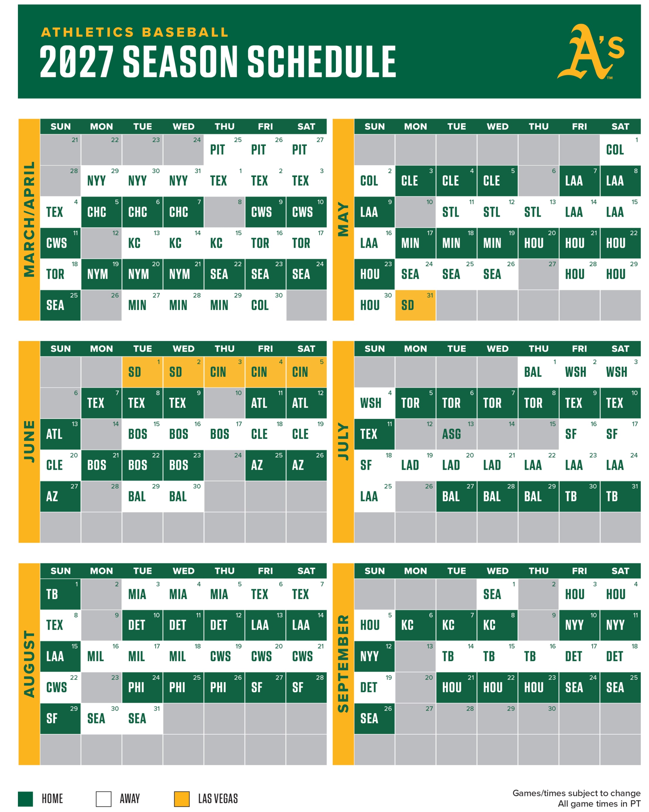 Athletics Baseball 2027 Regular Season Schedule