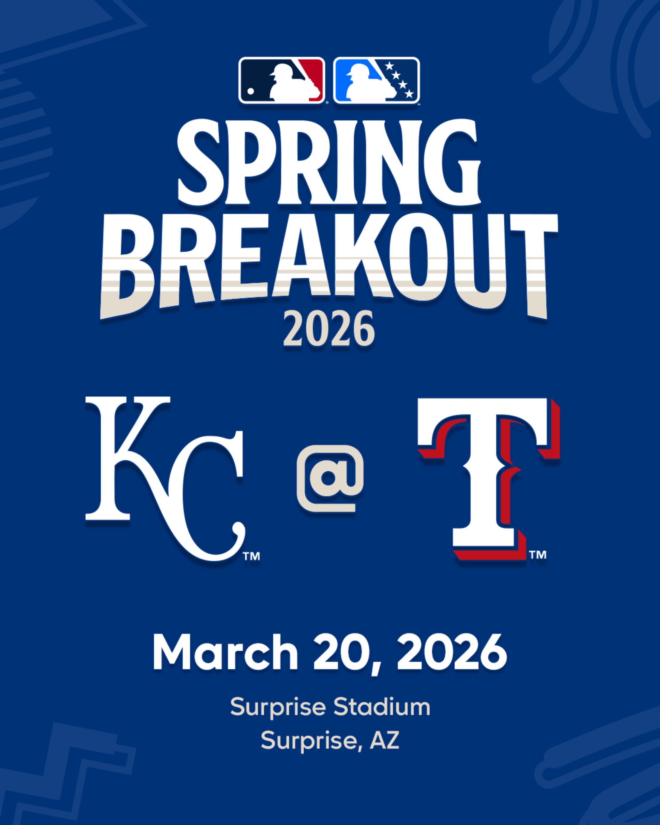 2026 MLB Spring Breakout game - Kansas City Royals Prospects vs. Texas Rangers Prospects. March 20, 2026 at Surprise Stadium in Surprise, Arizona.